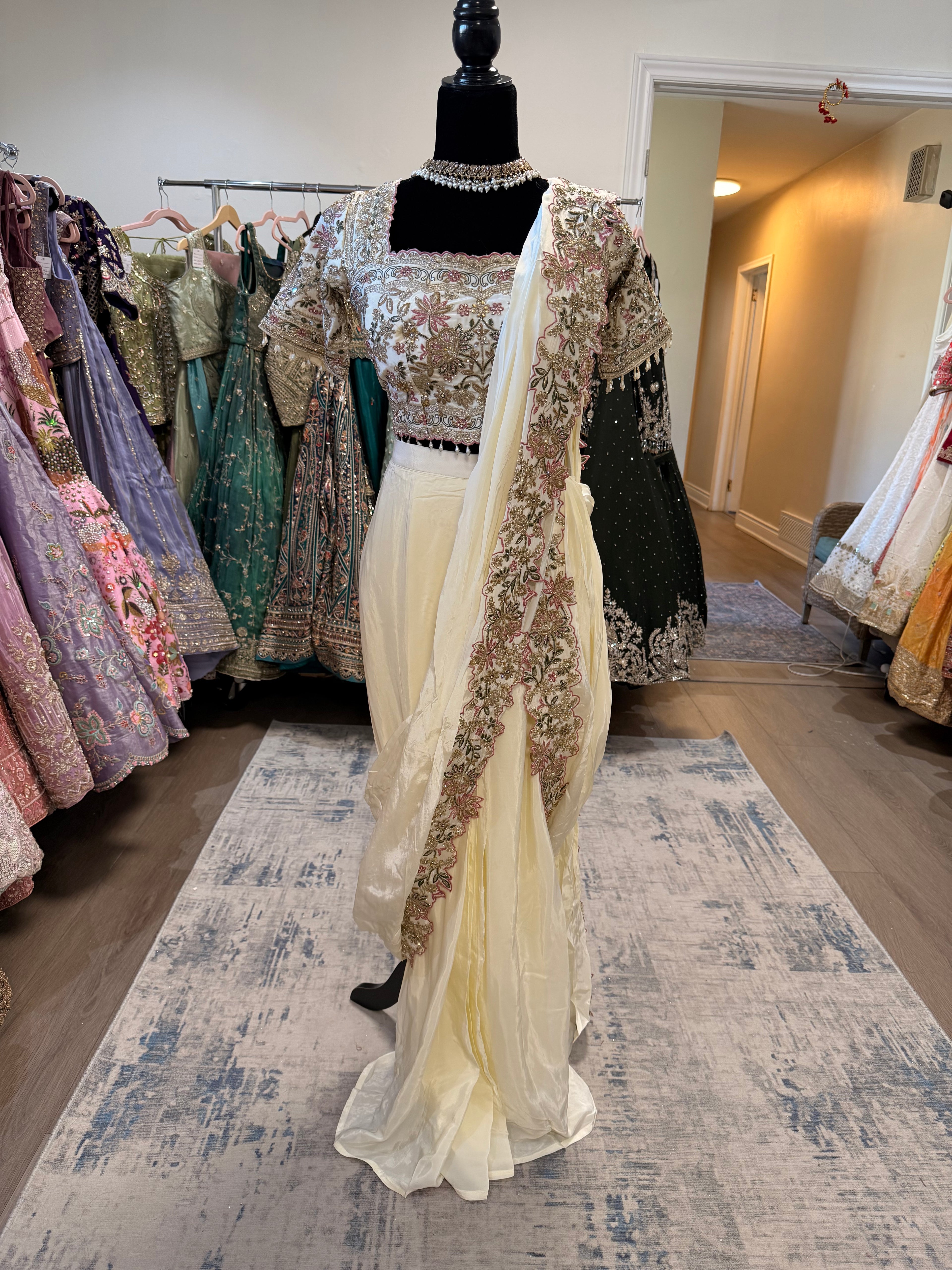 Hand work top with pre drape saree