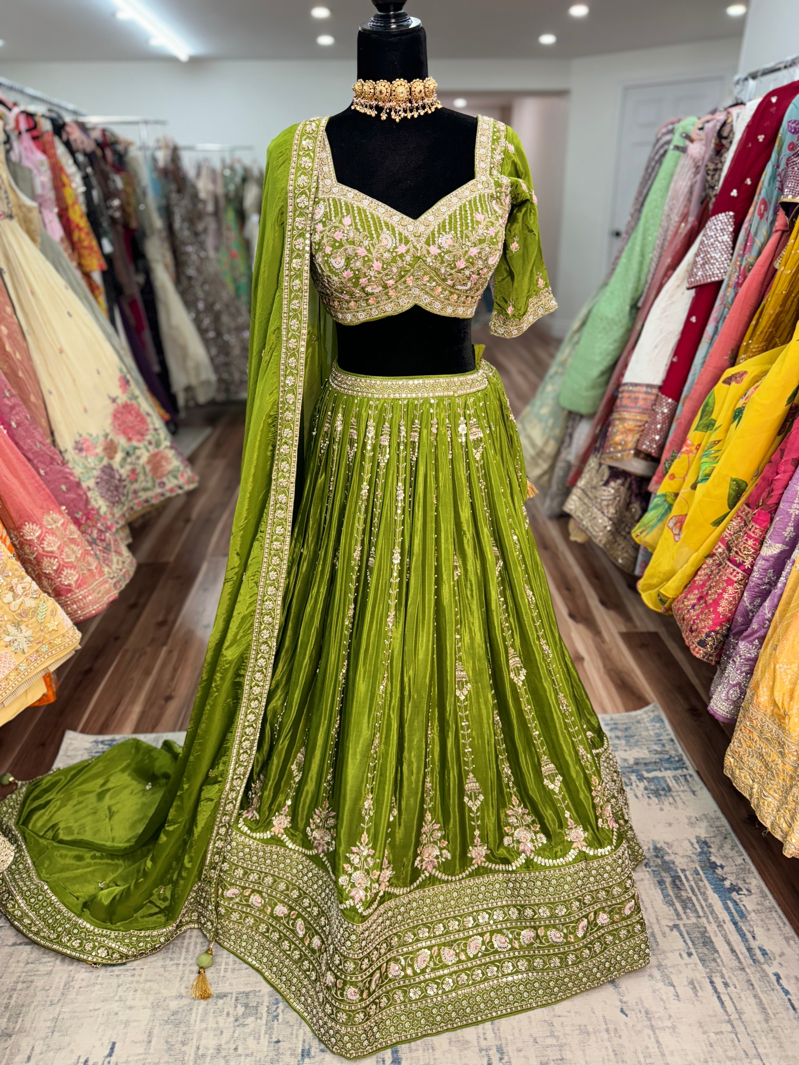 Green hand work lehenga