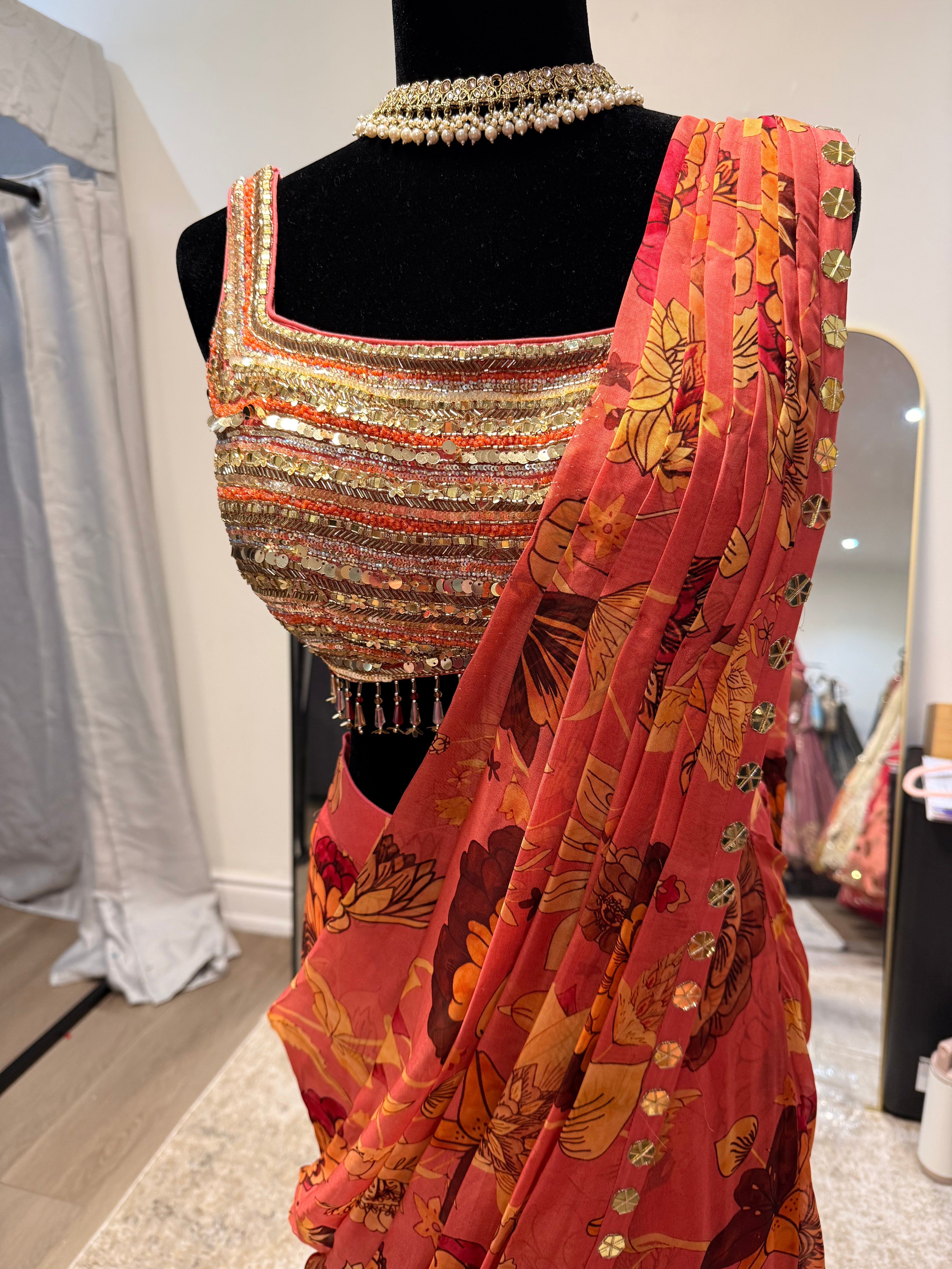 Hand work top with pre drape saree