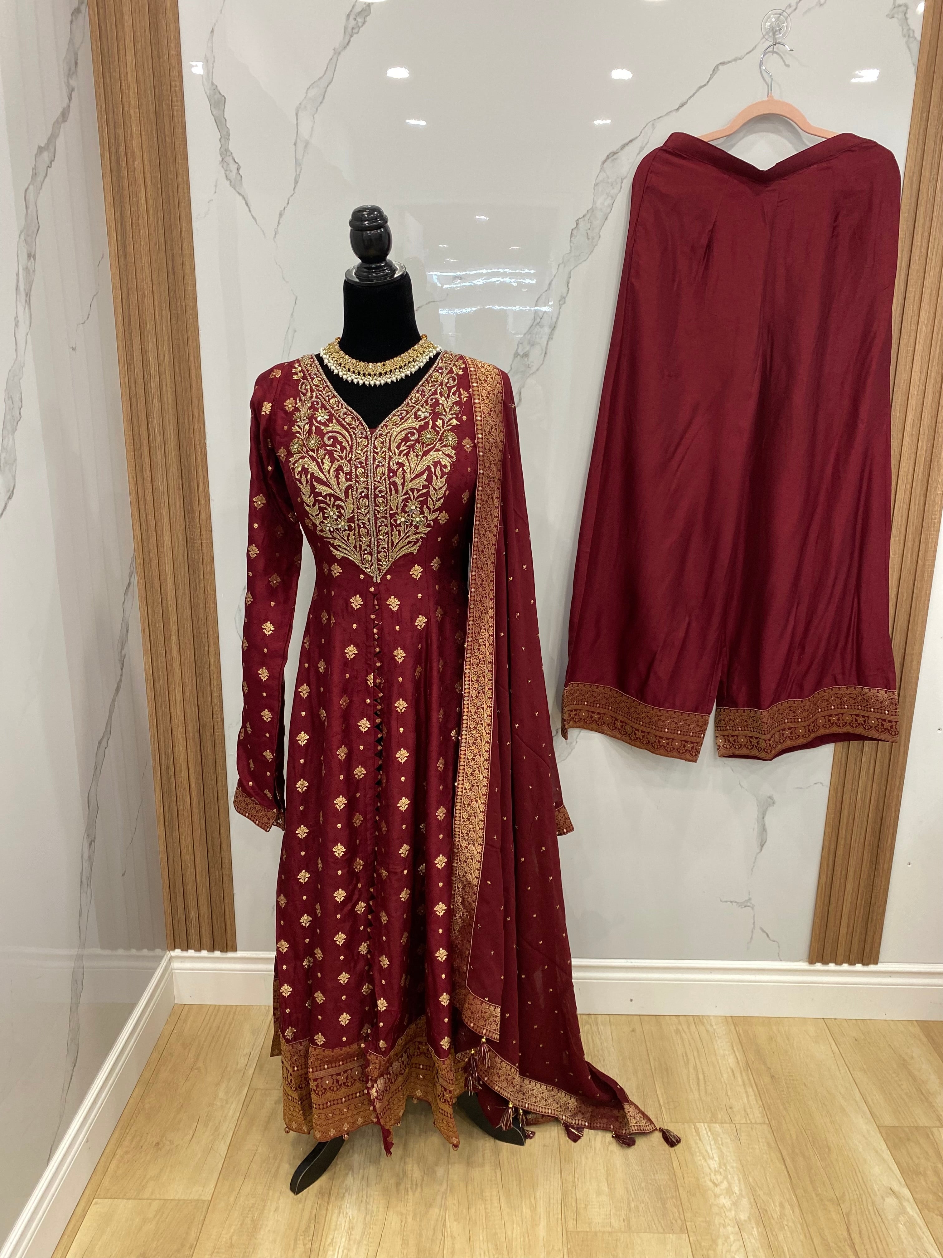 Designer front slit embroidered silk suit