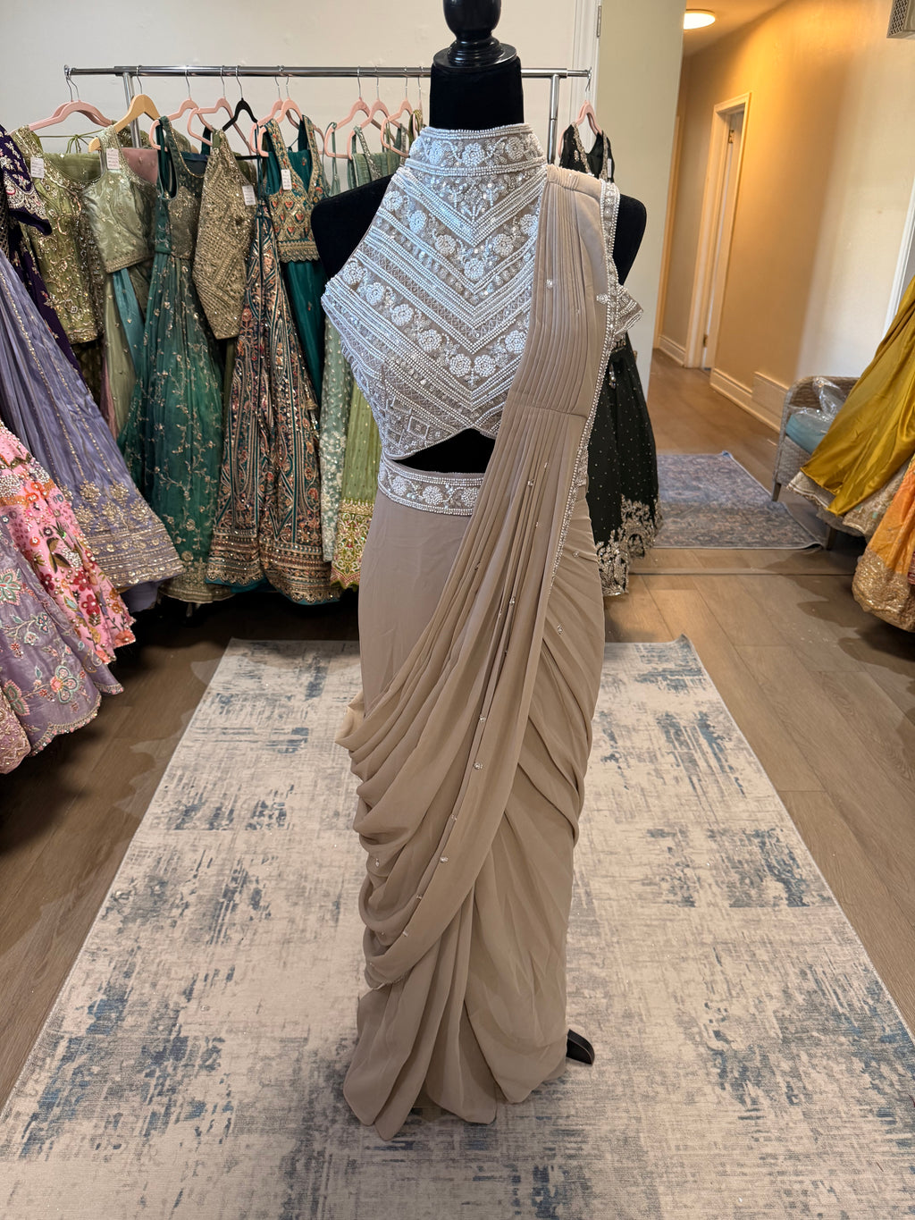 Hand work top with pre drape saree