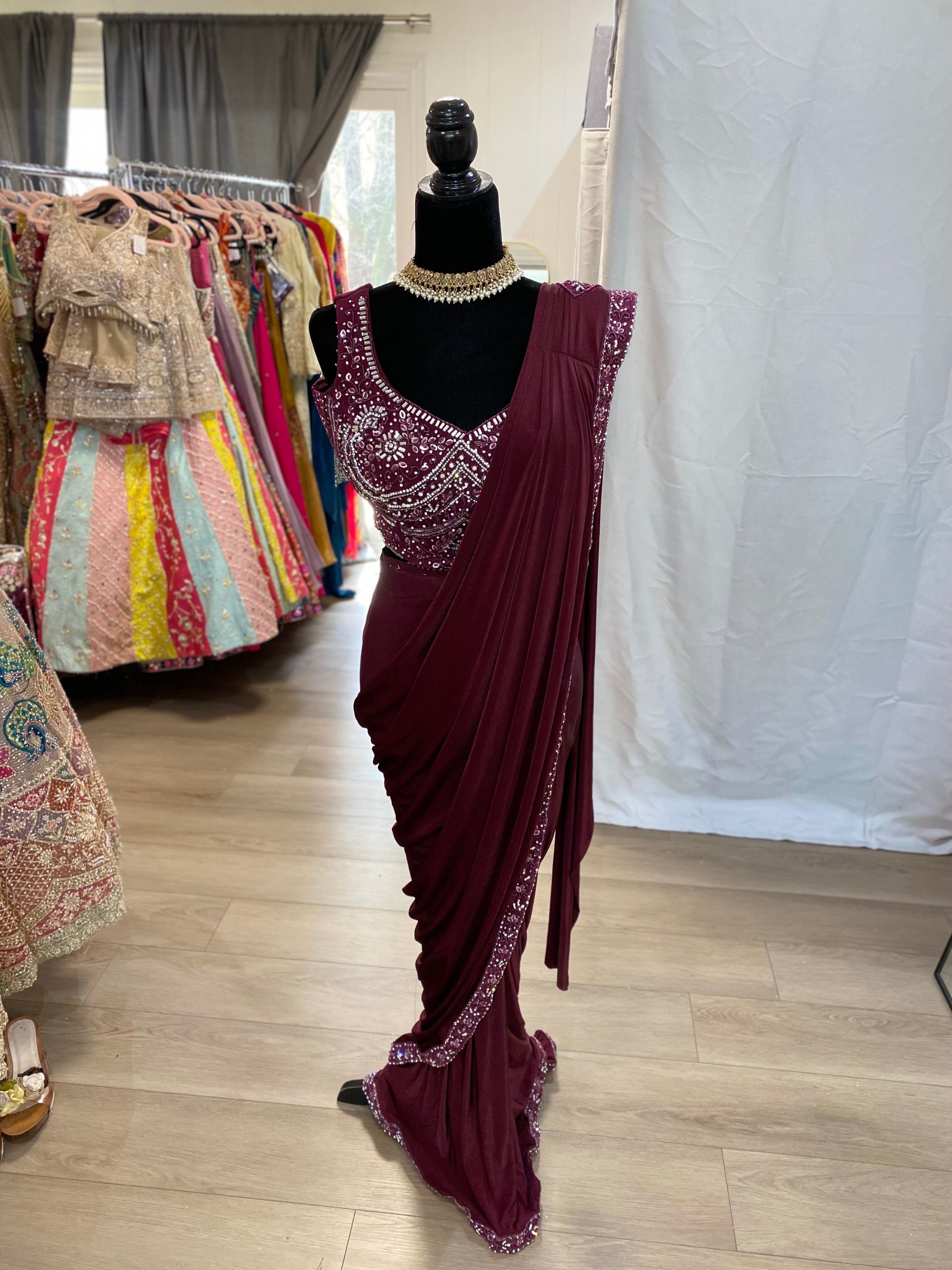 Hand work top with pre drape saree