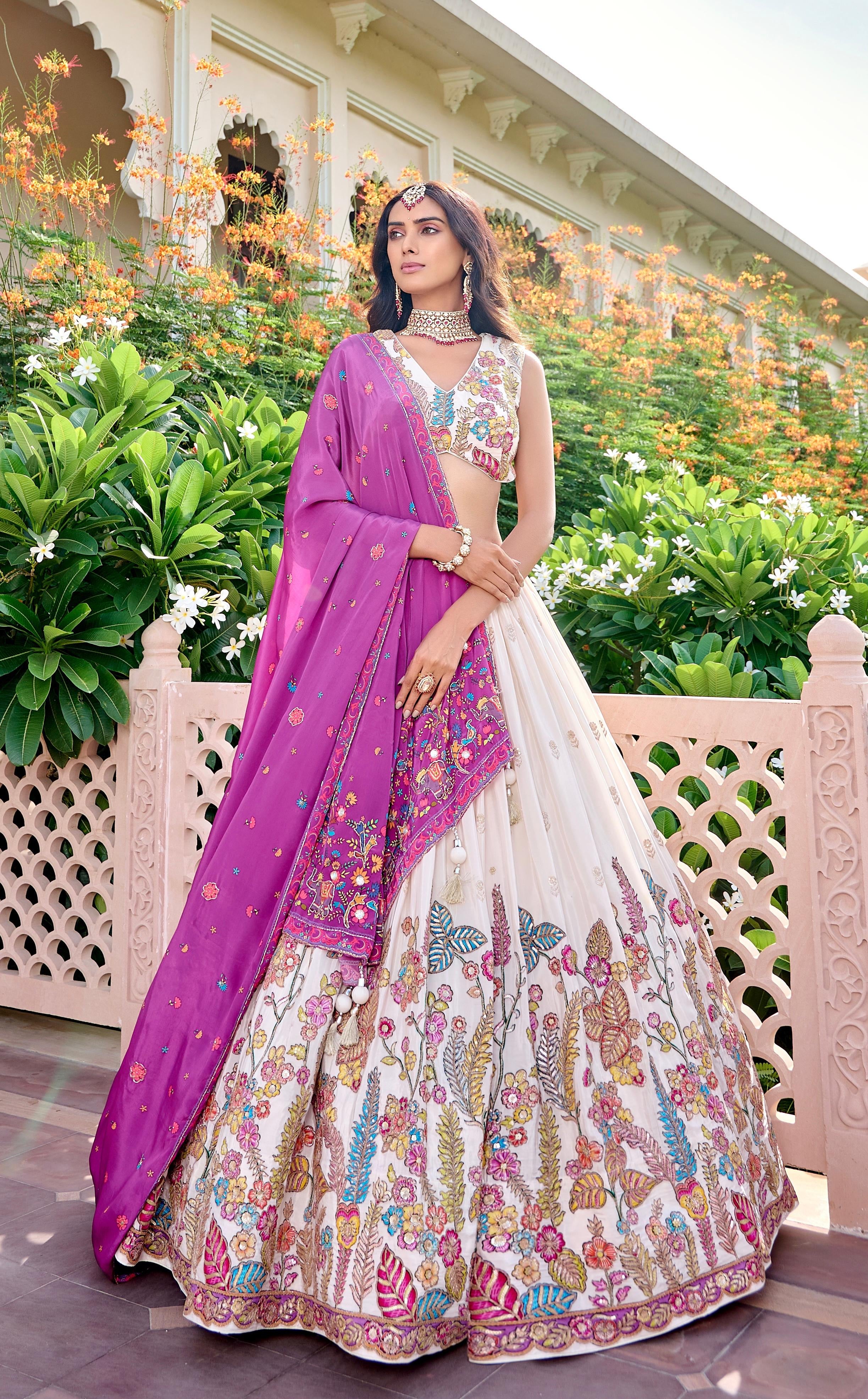 Designer silk floral lehenga with contrast dhupatta
