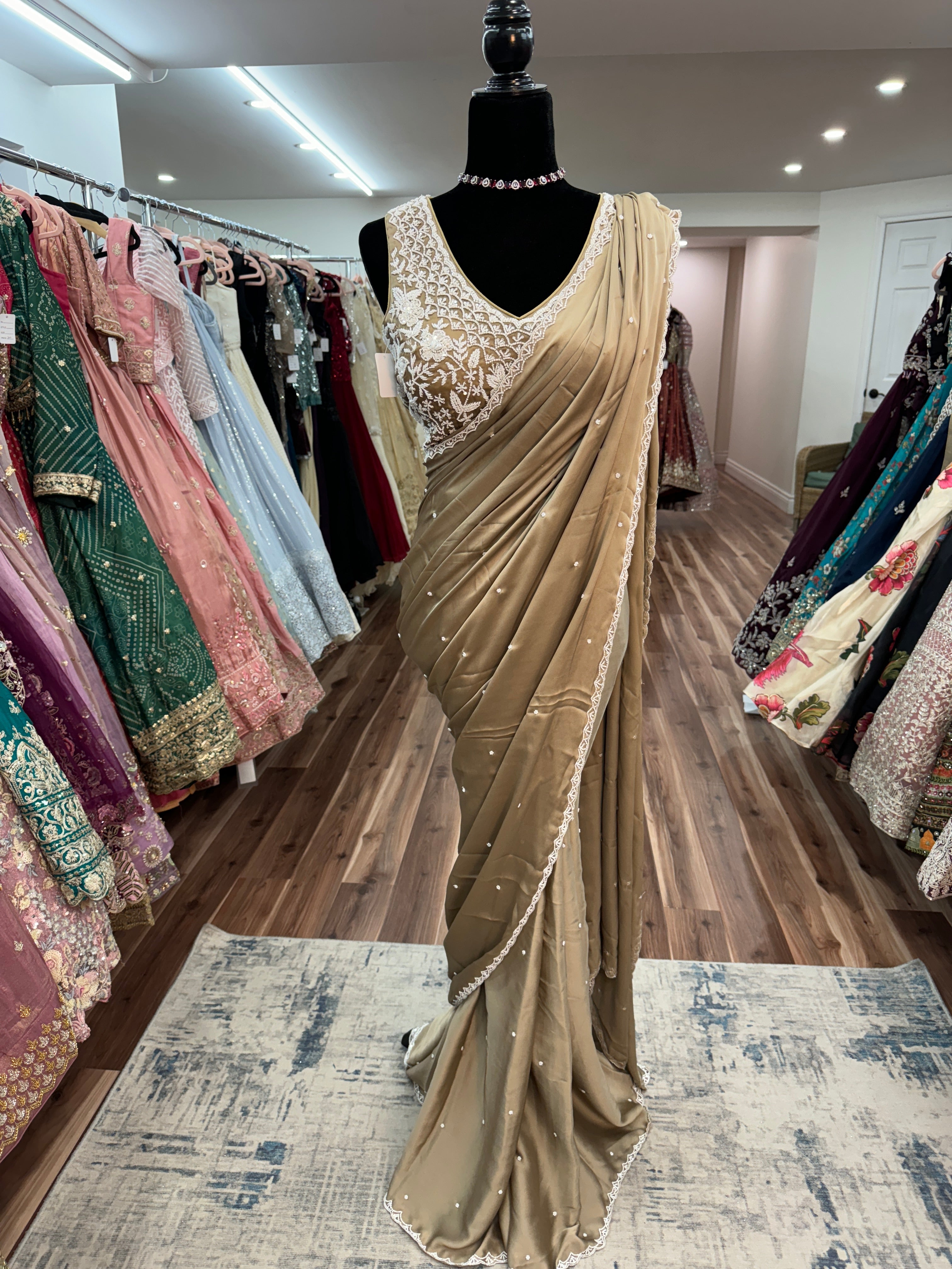 Taupe hand work top with pre drape saree