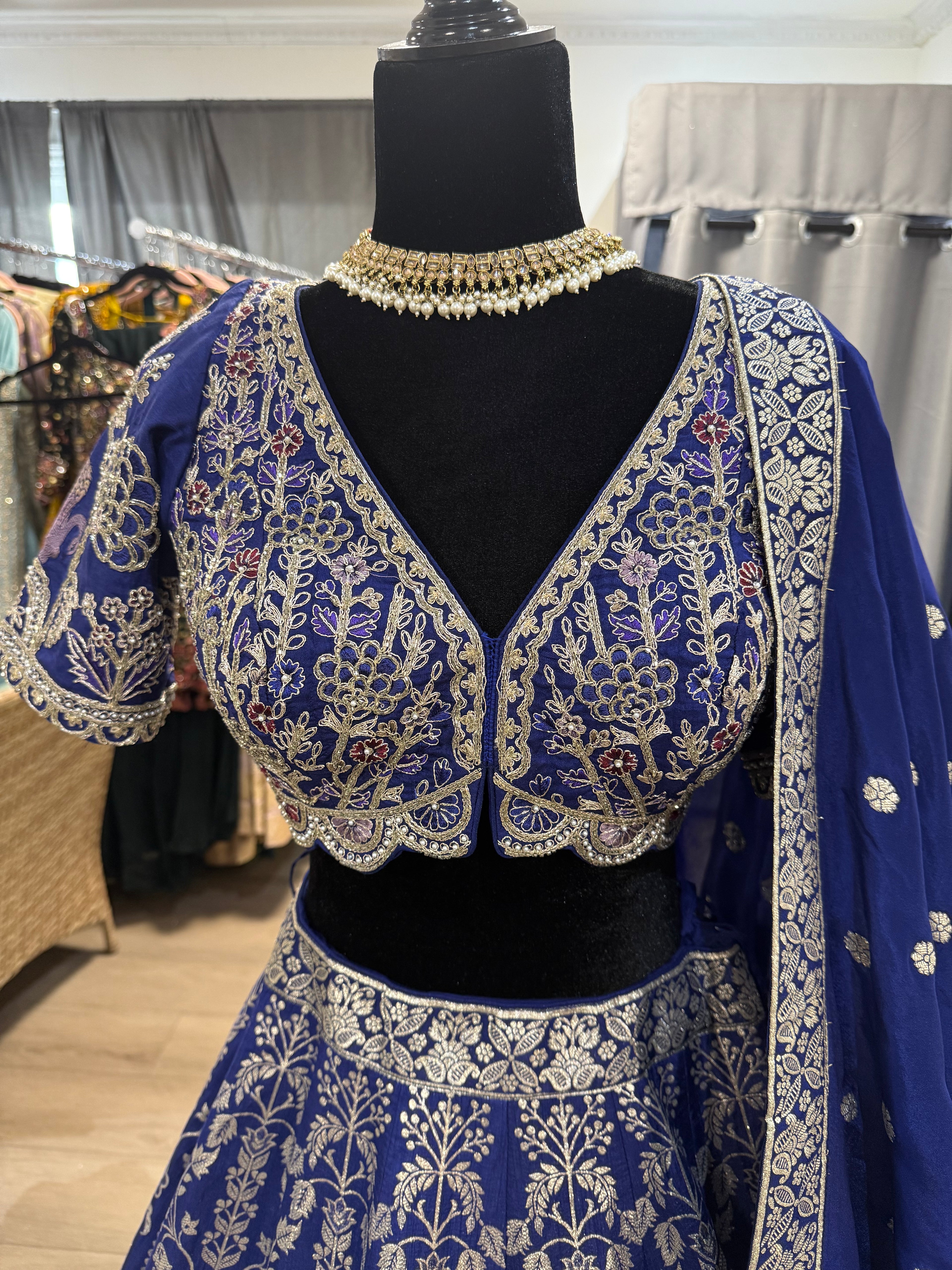 Royal blue silk lehenga choli with pocket in a skirt