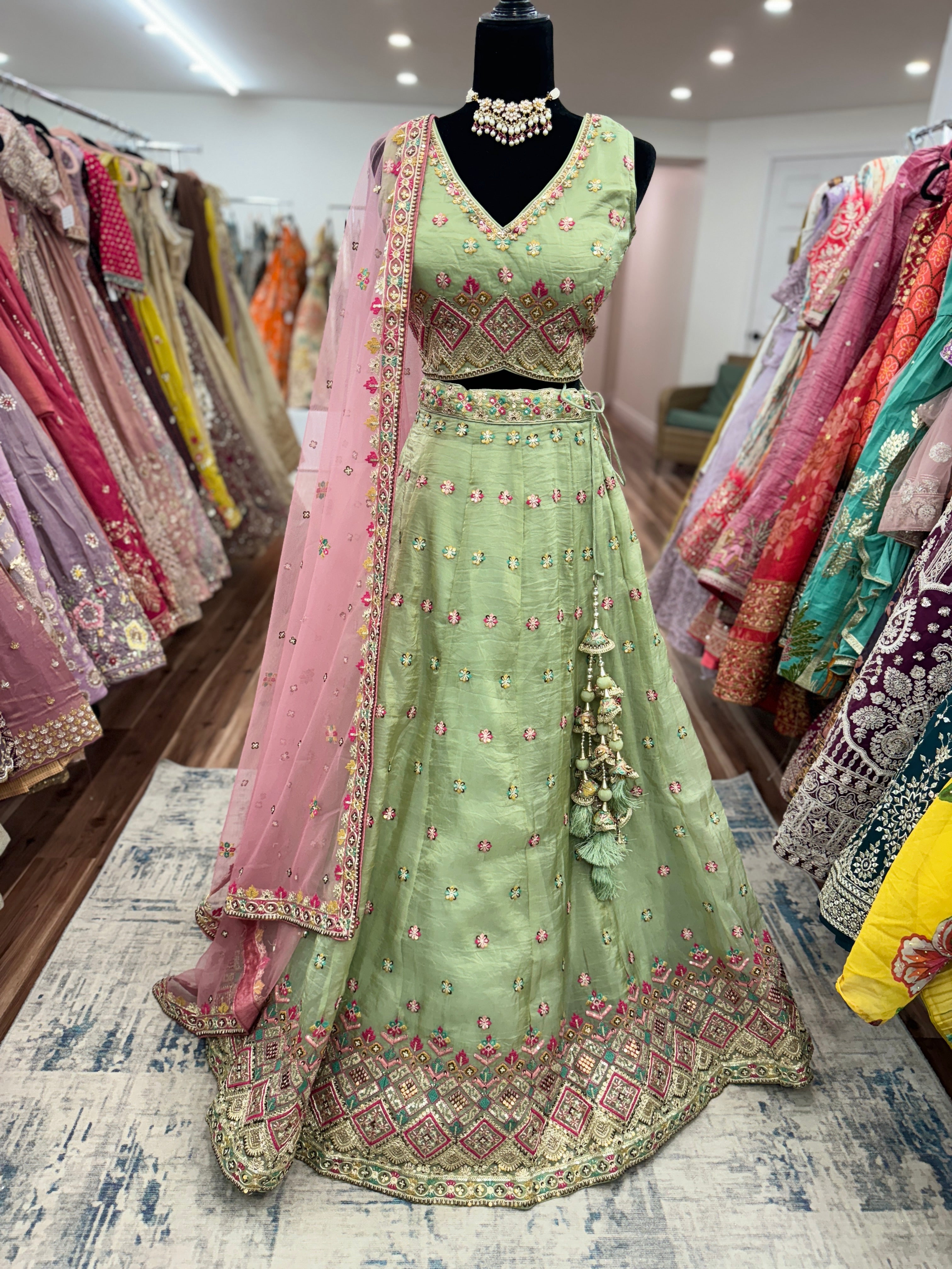 Regal Pista Green Multi-Thread Work Event Wear Lehenga Choli