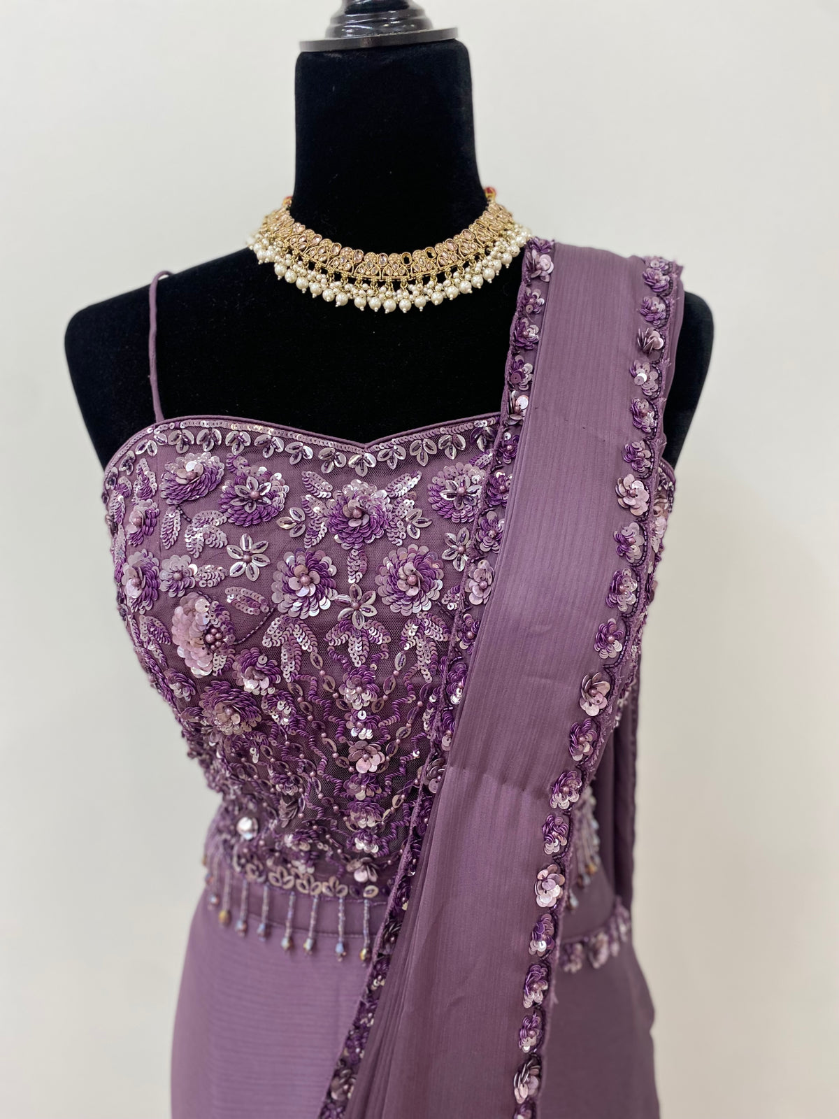 Spaghetti top with pre drape saree