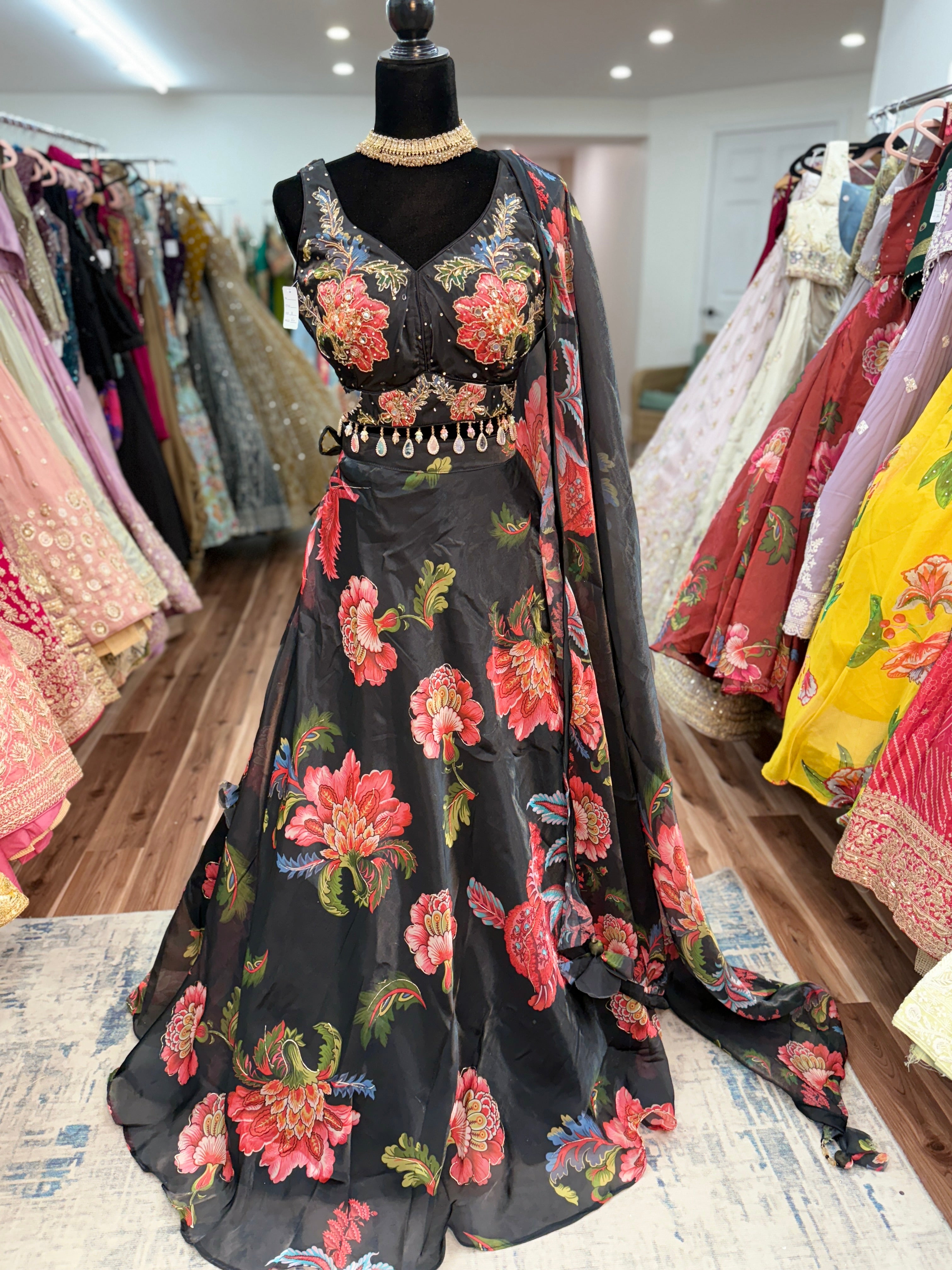 Black floral lehenga