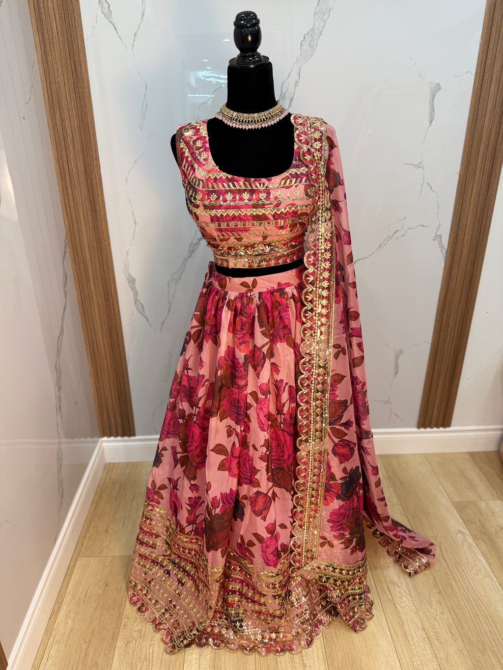 Adorable Pink Floral Printed Organza Bridesmaid Lehenga Choli