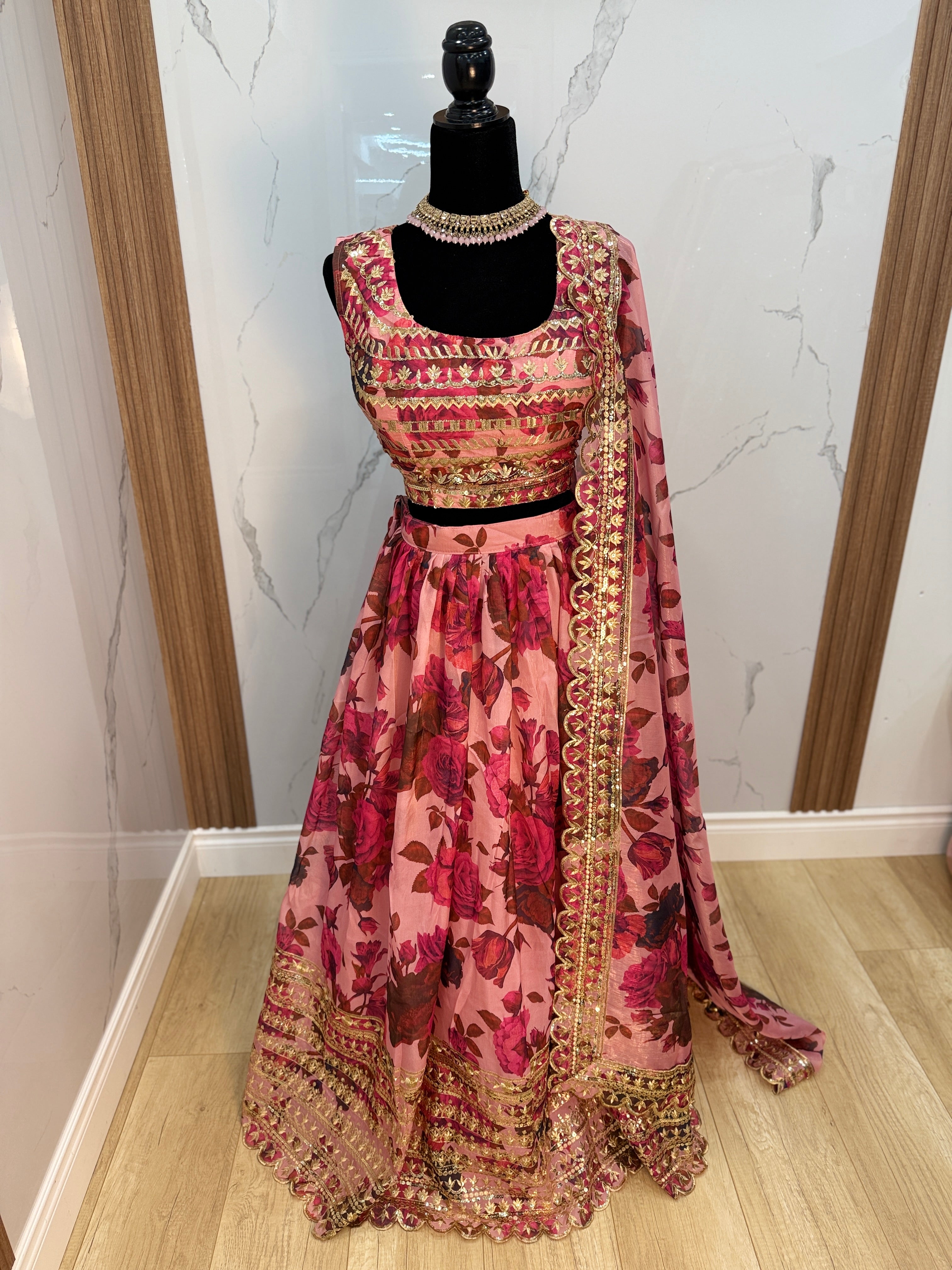 Adorable Pink Floral Printed Organza Bridesmaid Lehenga Choli