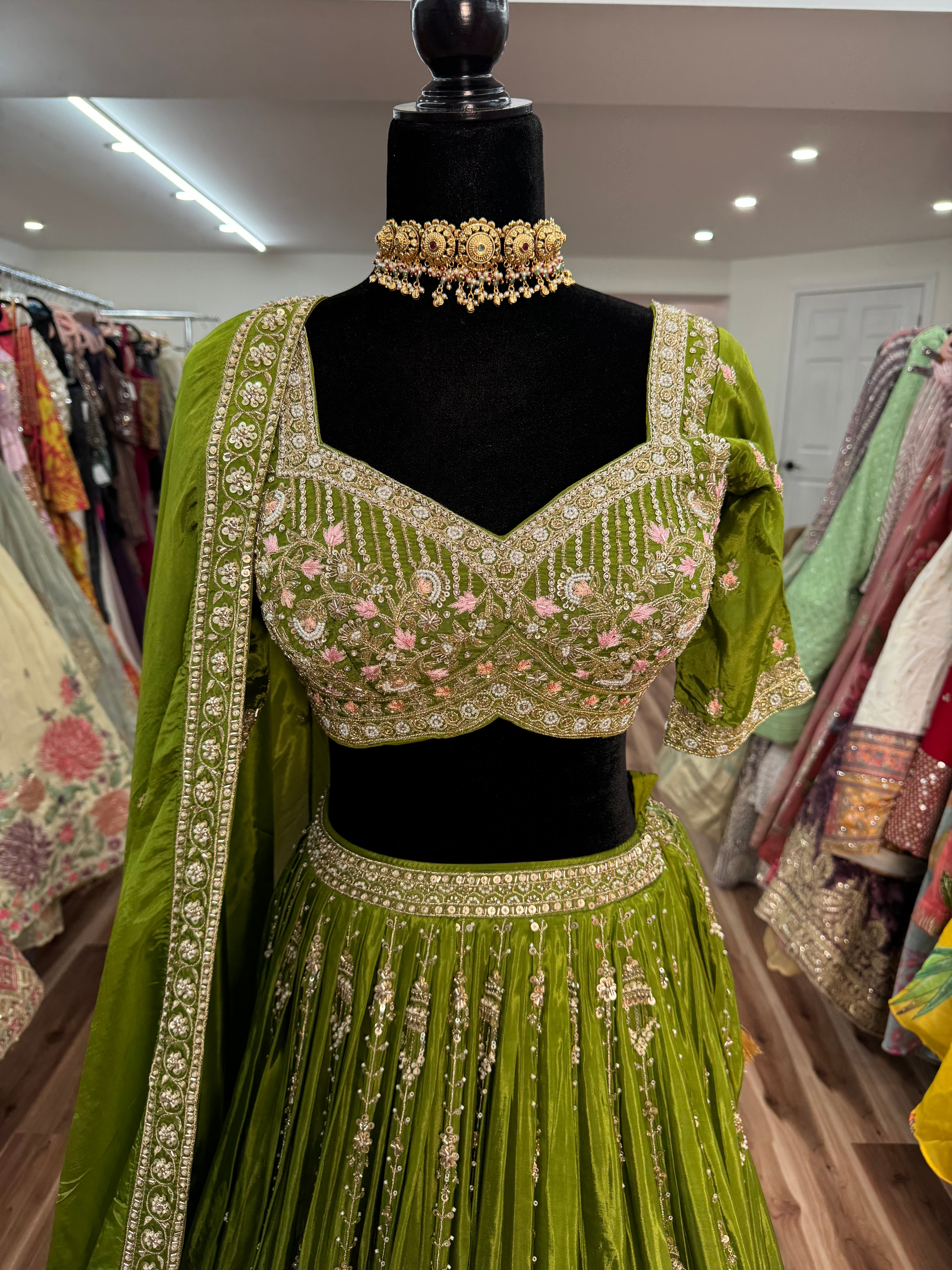Green hand work lehenga