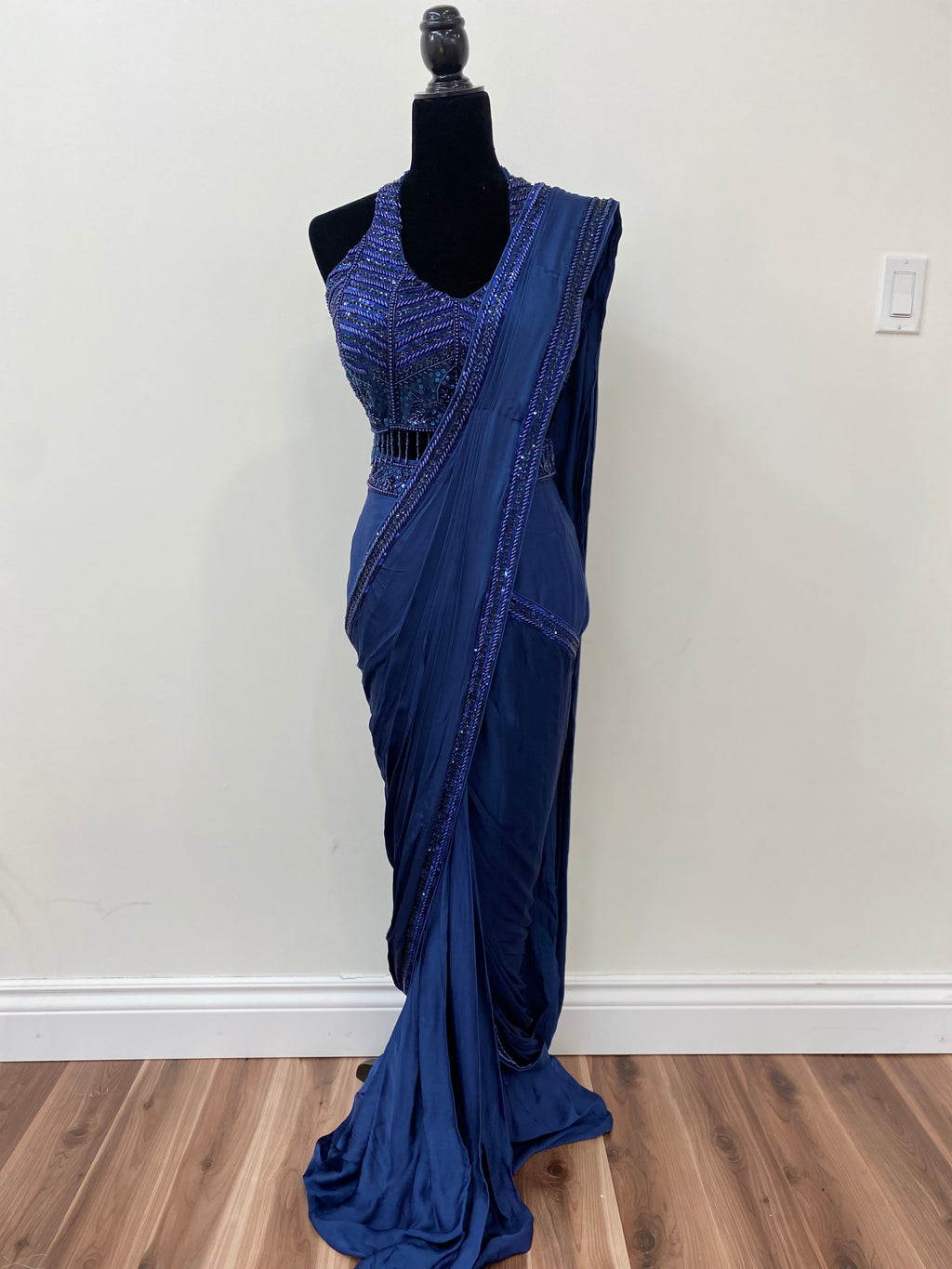 Halter neck top with pre drape saree