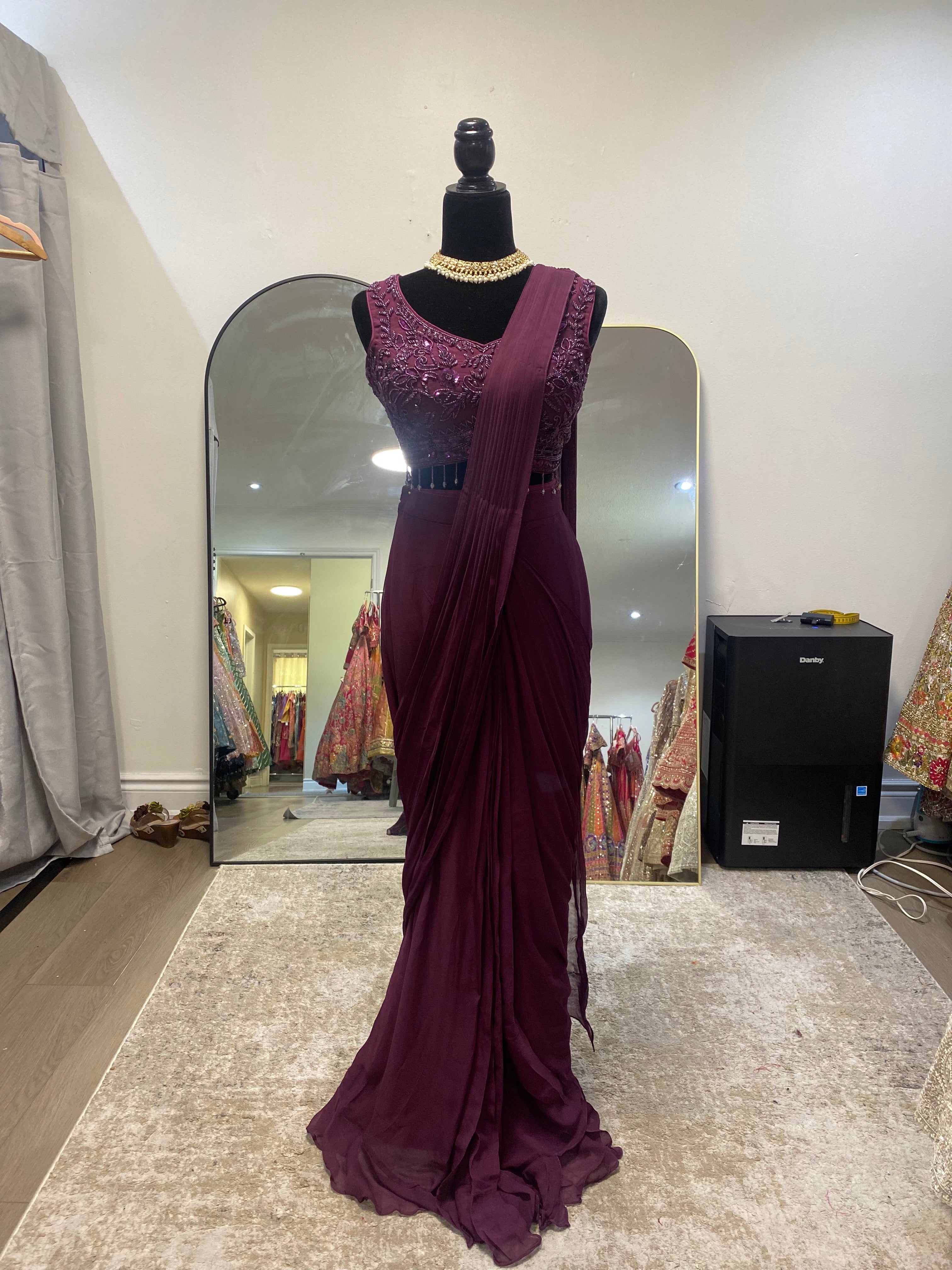 Dark plum Pre drape saree