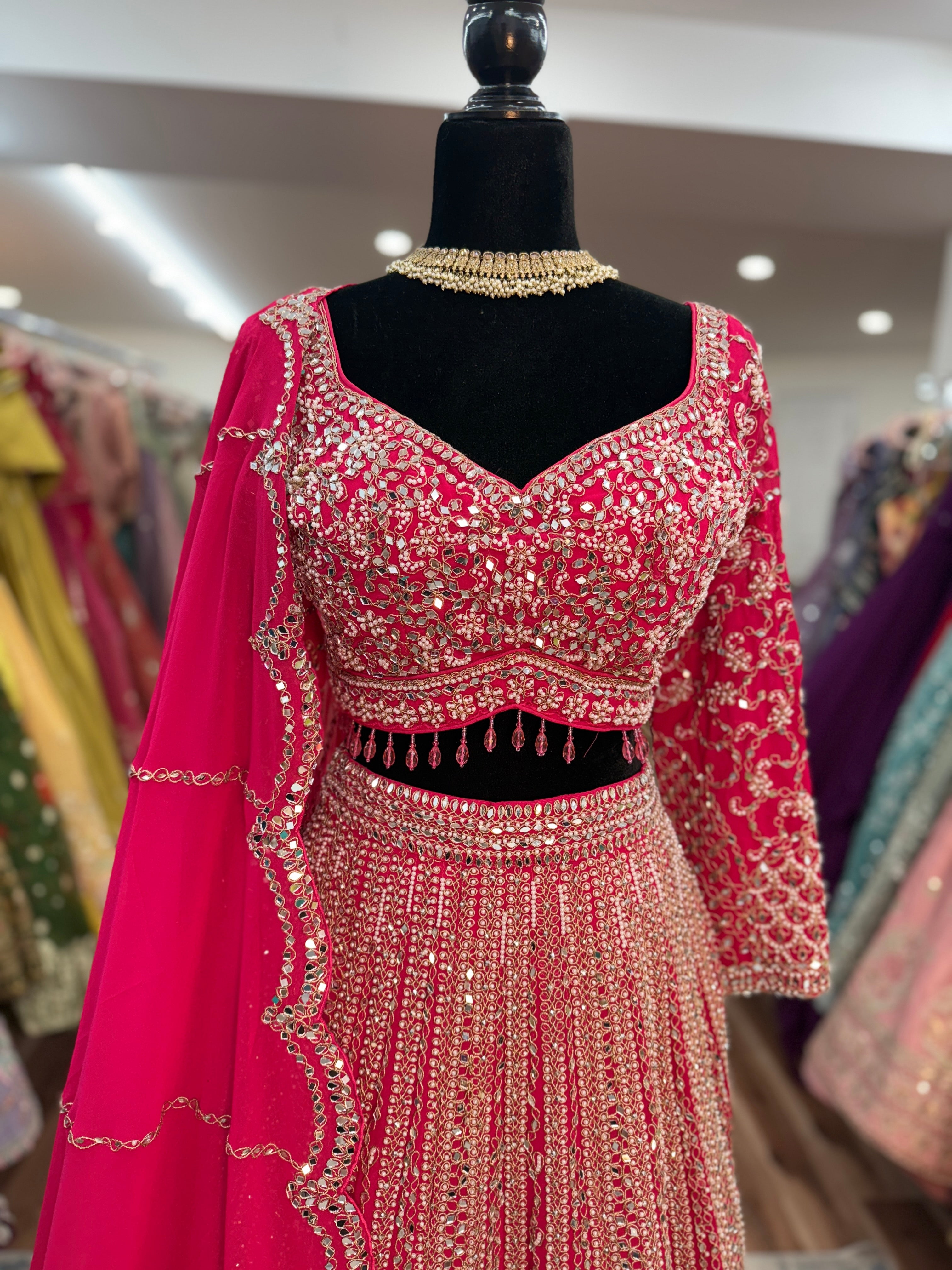 Anaya Mirror workl hot pink lehenga