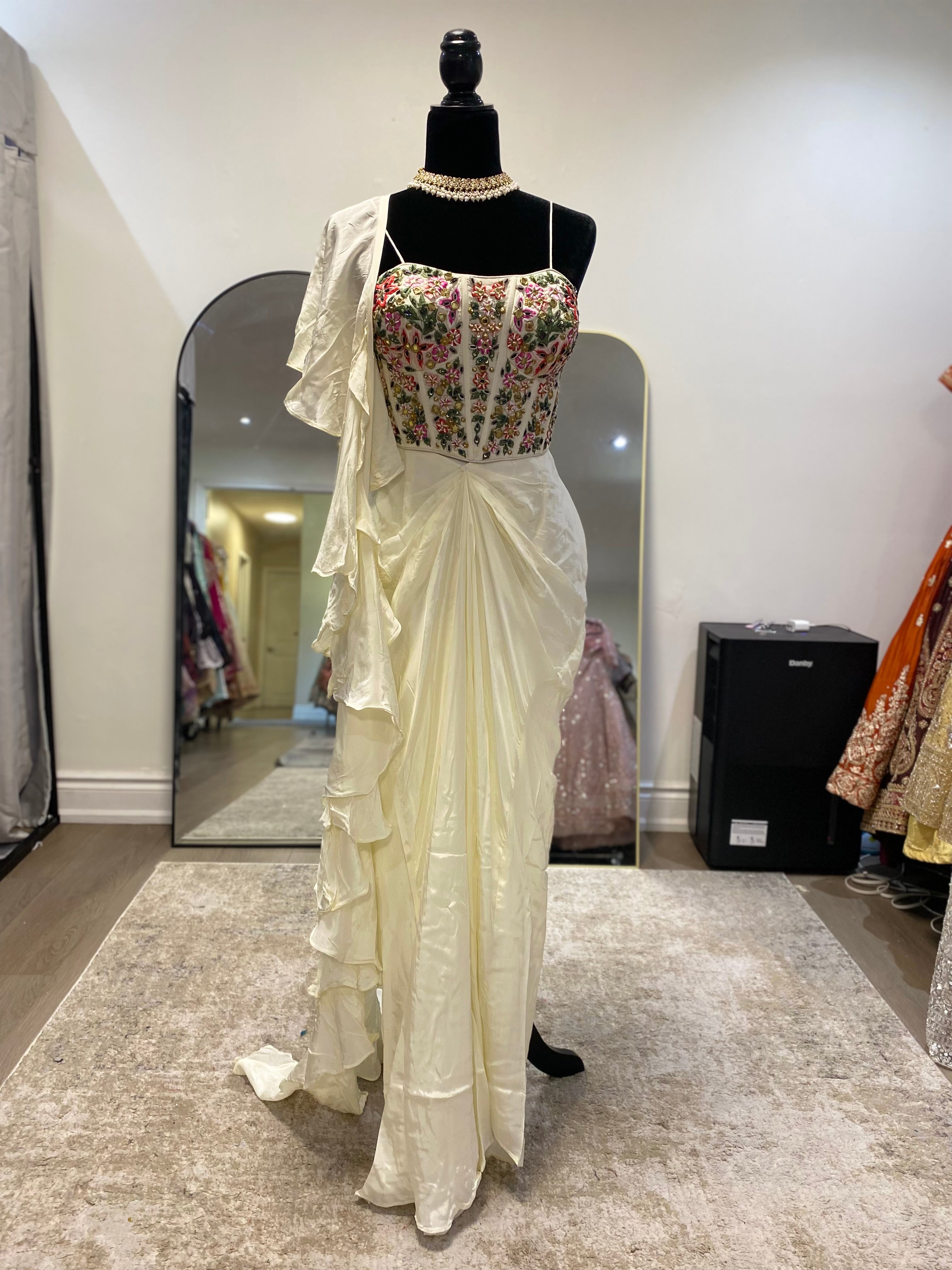 Hand work corset top with pleated skirt and ruffle dhupatta