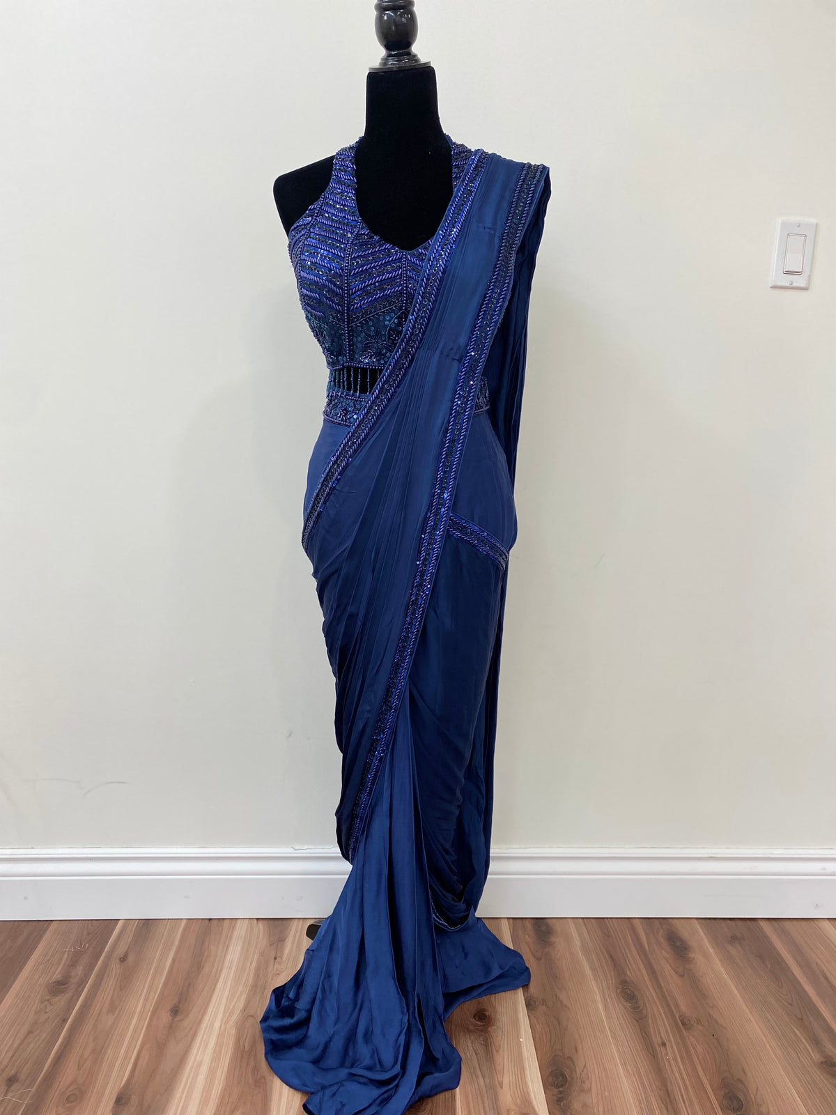 Halter neck top with pre drape saree