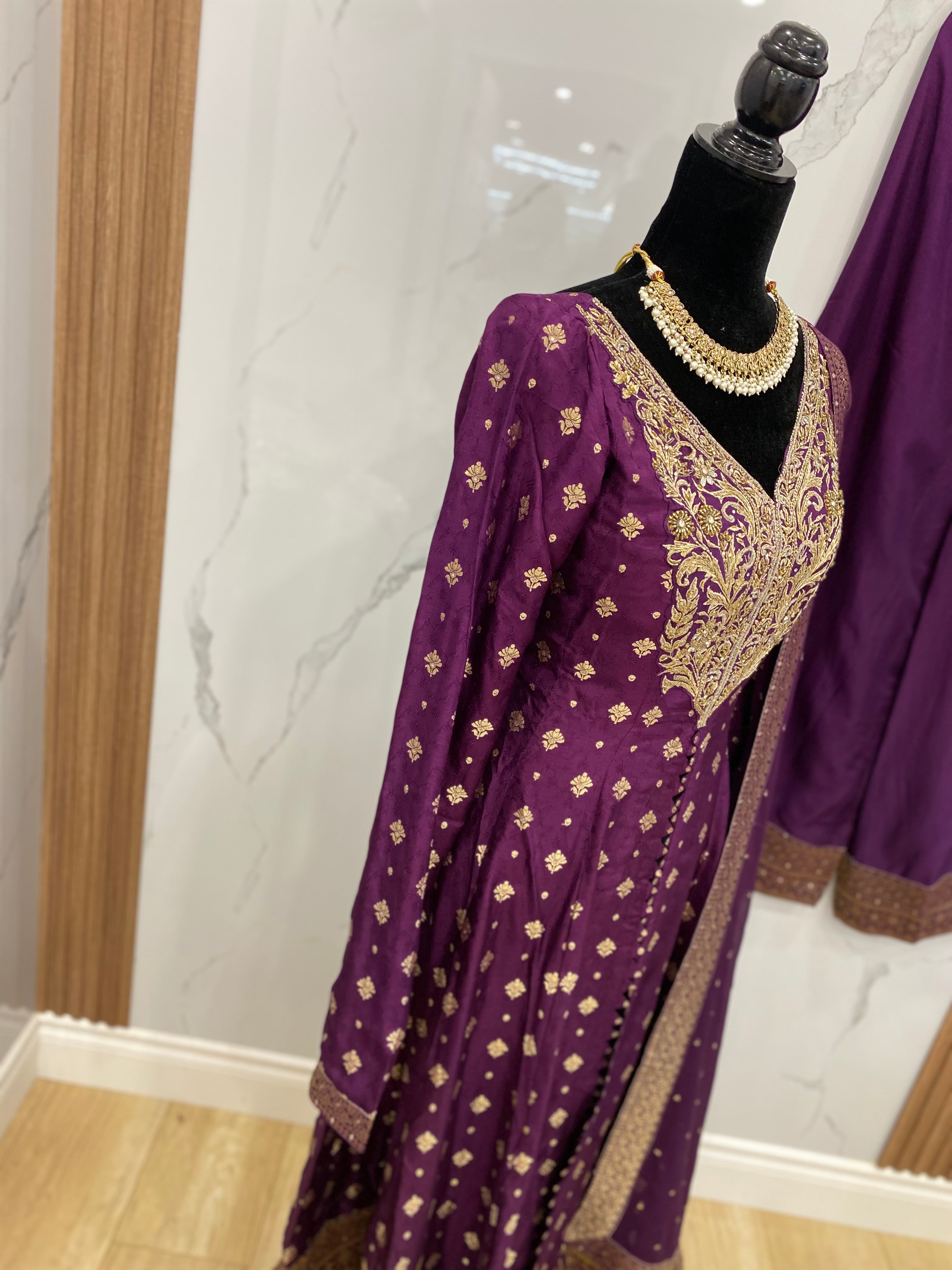 Designer front slit embroidered silk suit