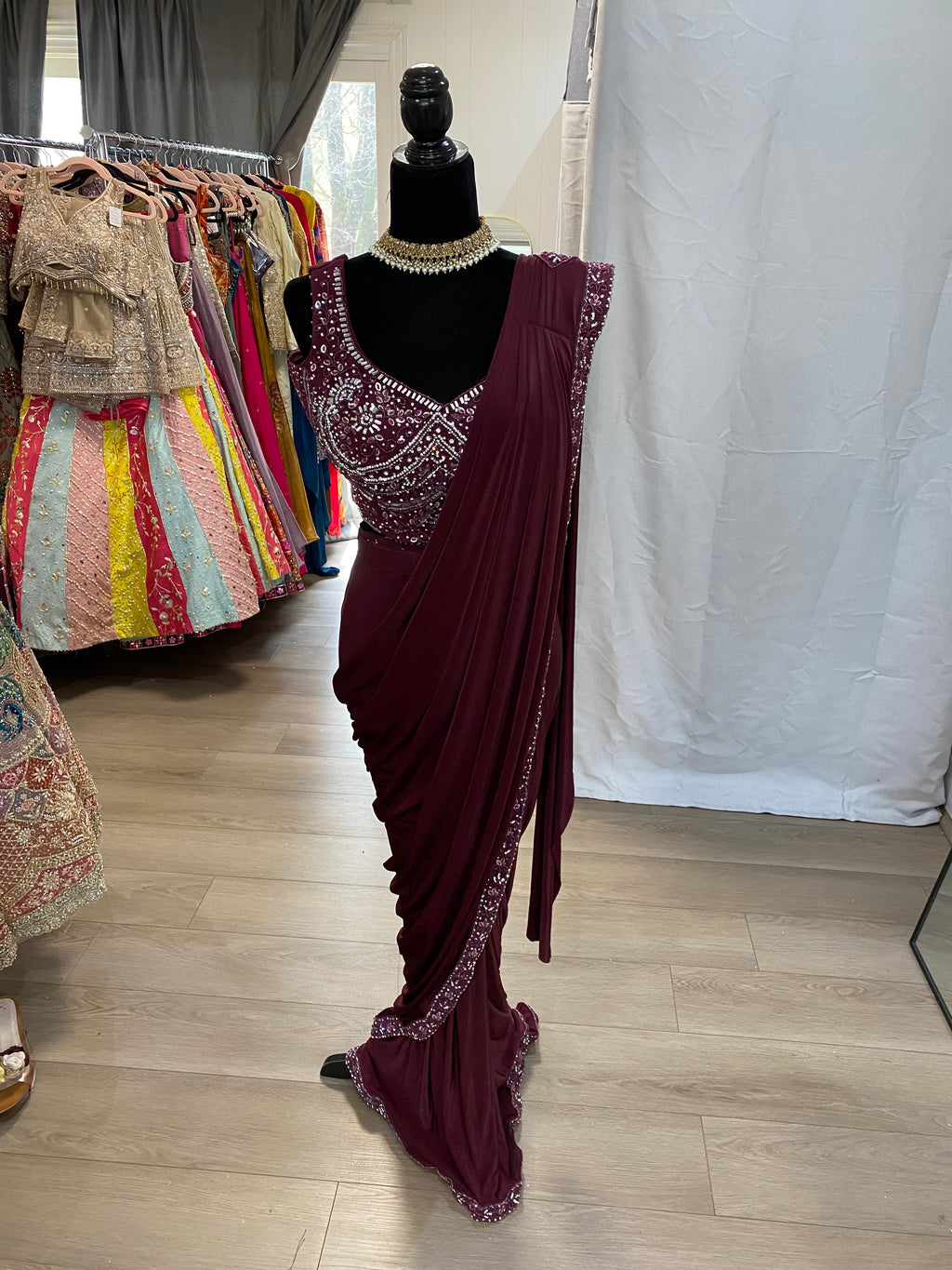 Hand work top with pre drape saree