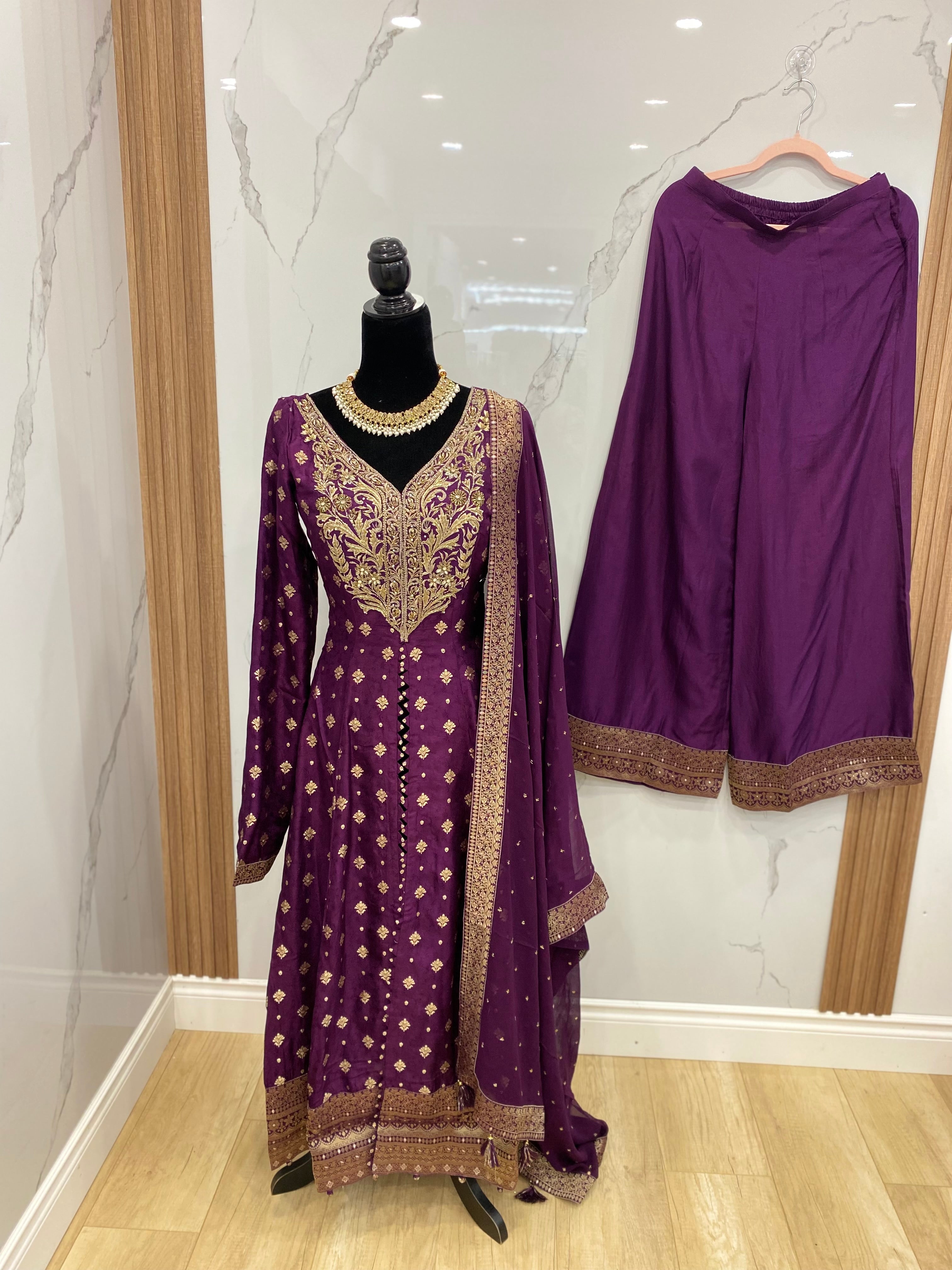 Designer front slit embroidered silk suit