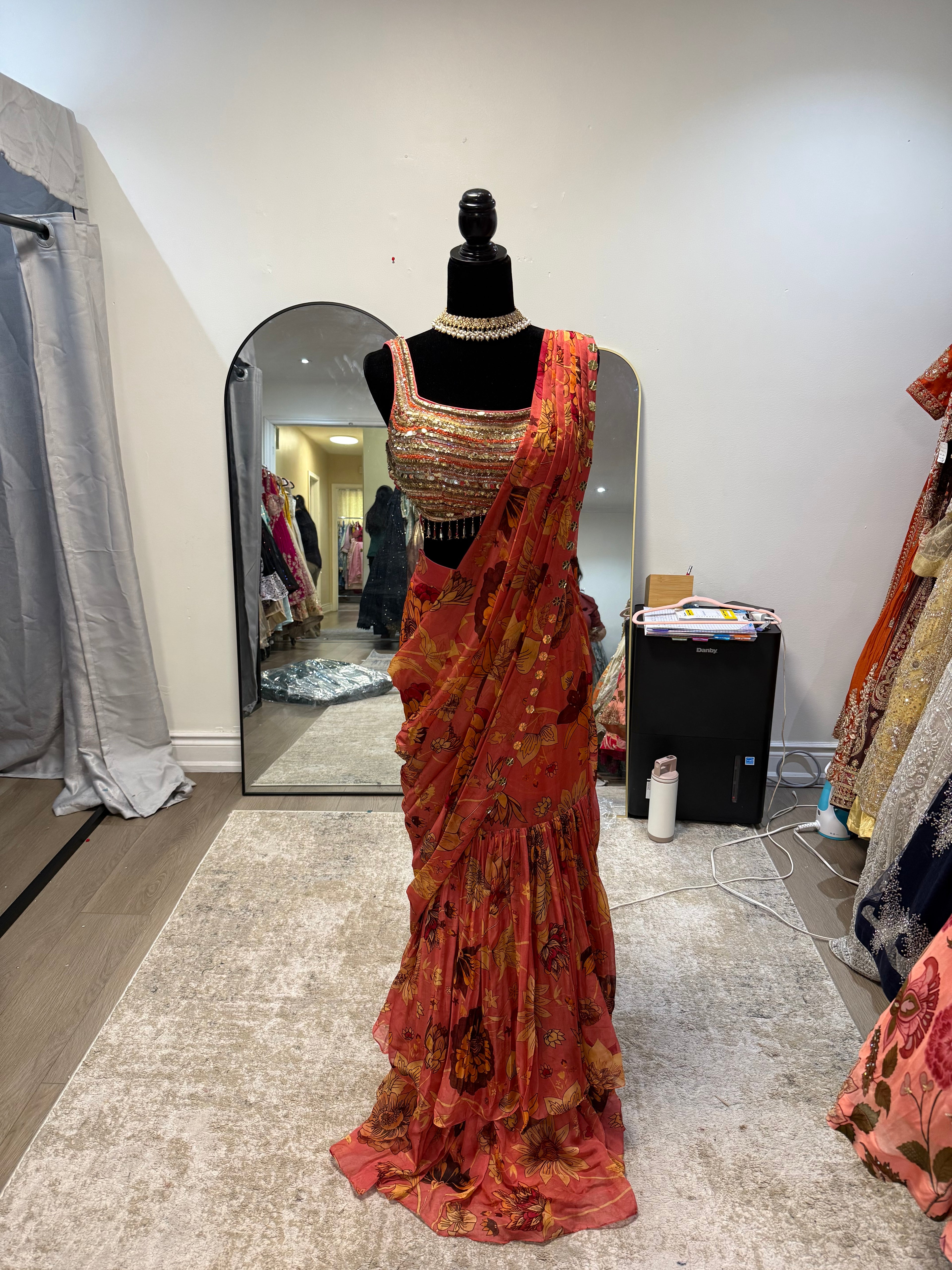 Hand work top with pre drape saree
