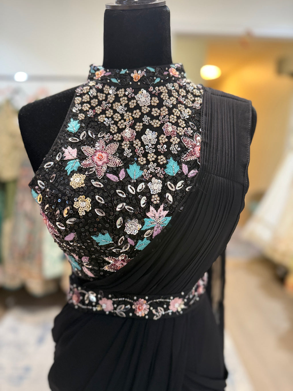 Hand work top with pre drape saree