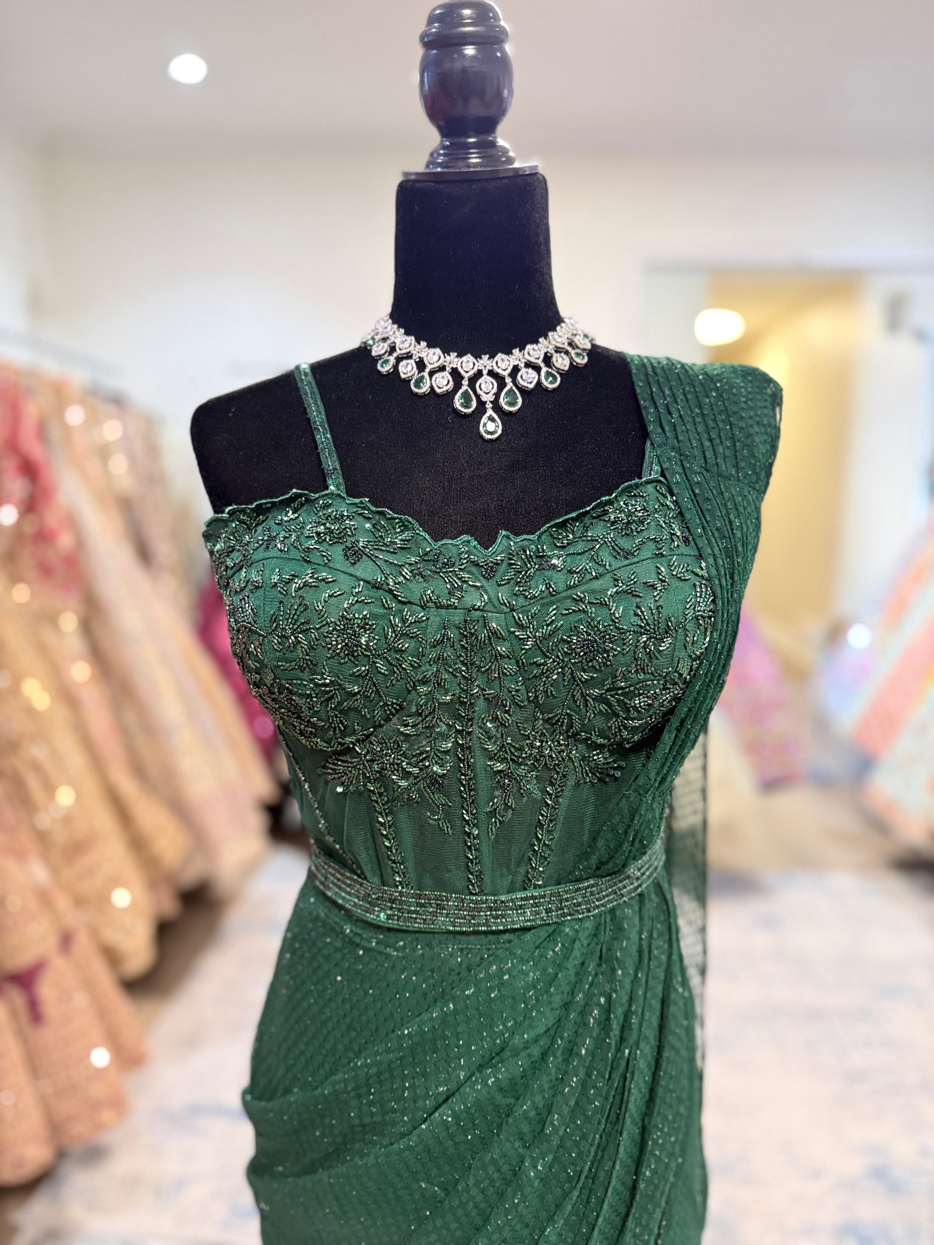 Hand work corset top with pre drape saree