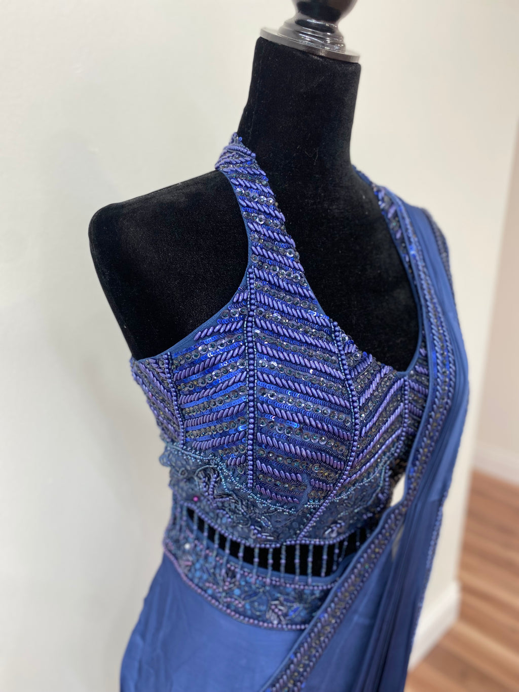Halter neck top with pre drape saree