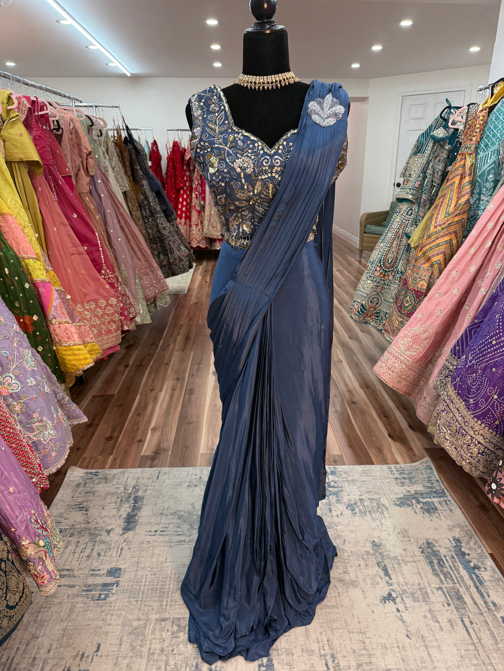 Hand work top with pre drape saree