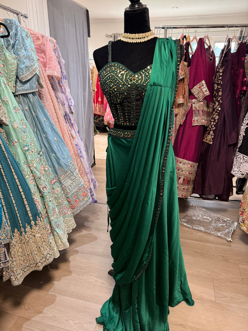 Hand work top with pre drape saree