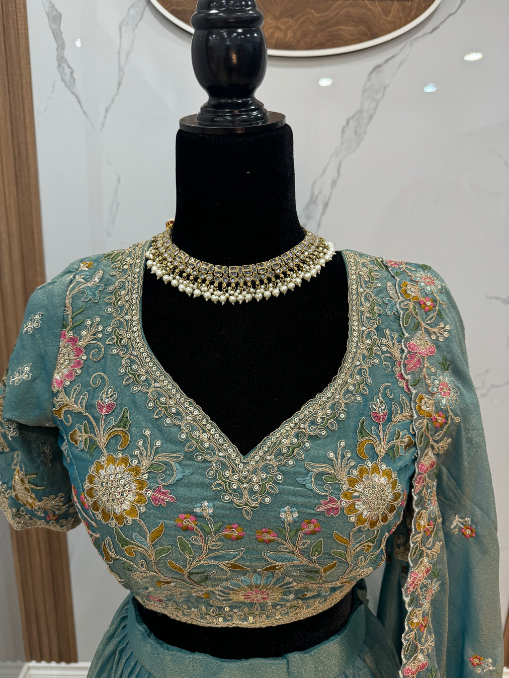 Beautiful Sky Blue Organza Zari Weaving Engagement Wear Lehenga Choli