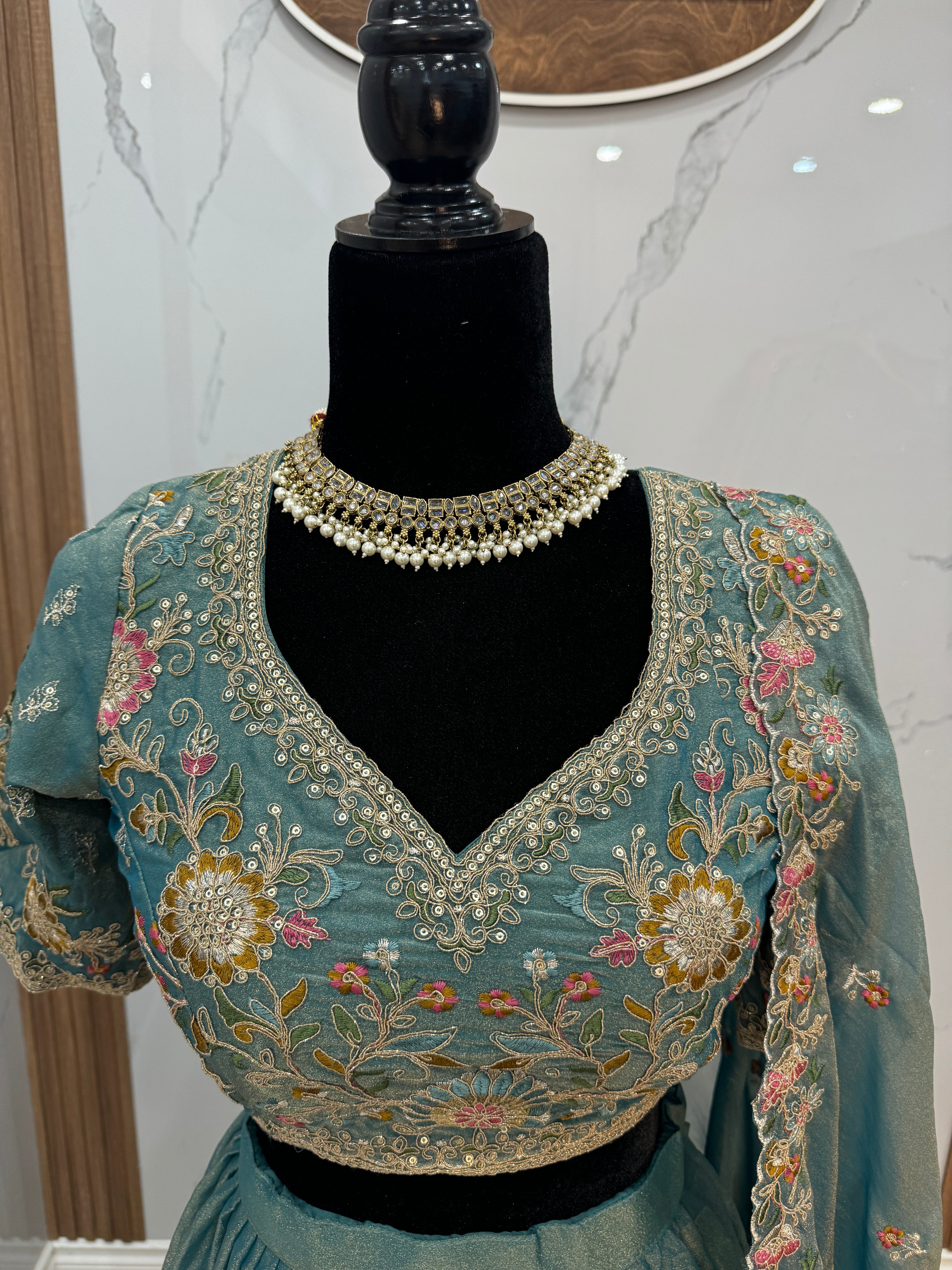 Beautiful Sky Blue Organza Zari Weaving Engagement Wear Lehenga Choli