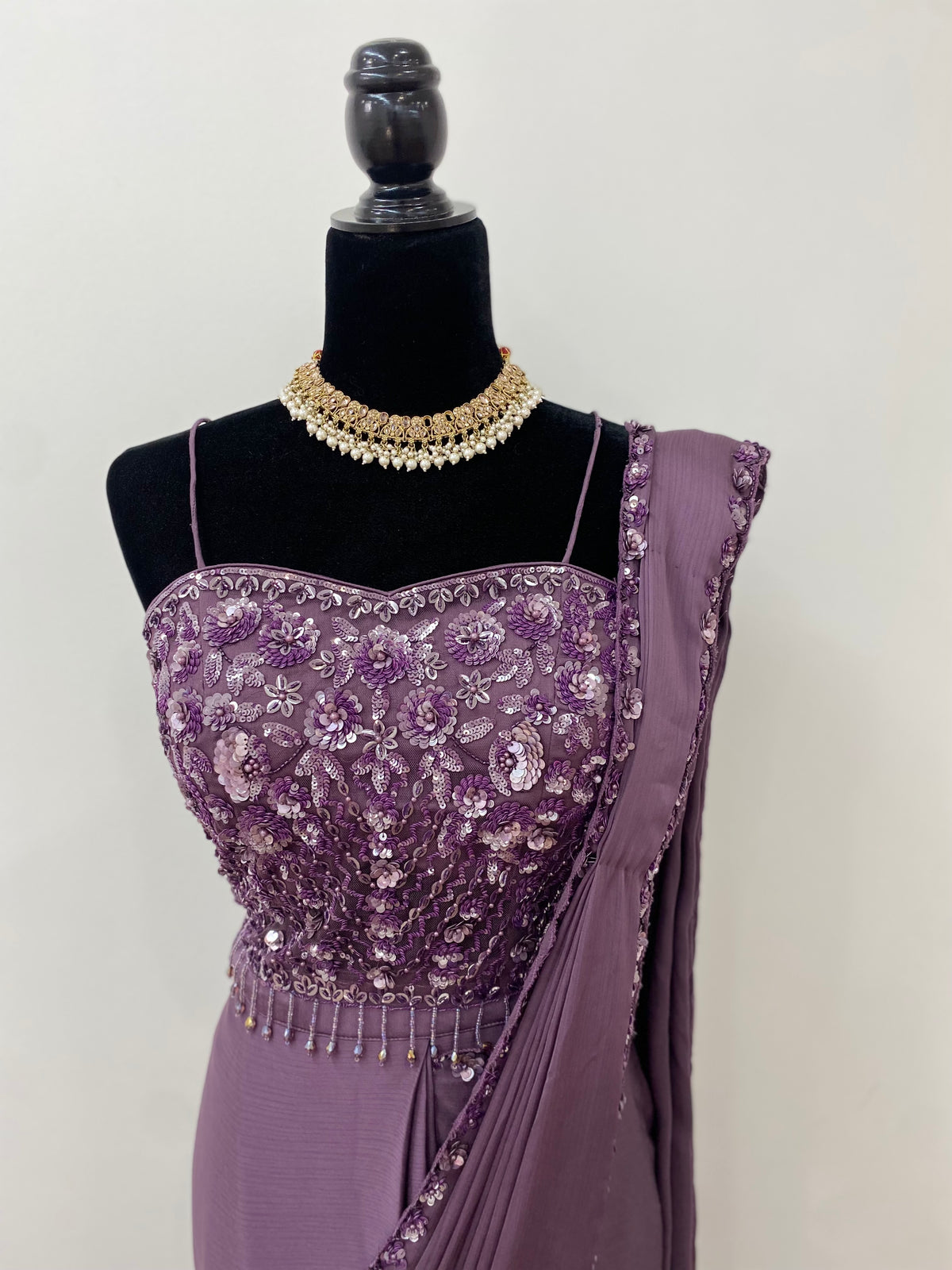 Spaghetti top with pre drape saree