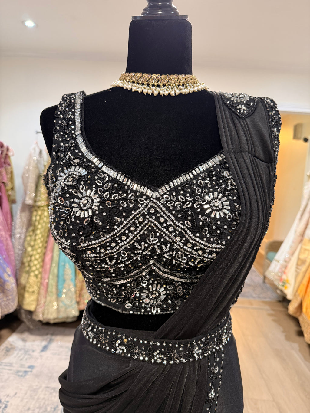 Hand work top with pre drape saree