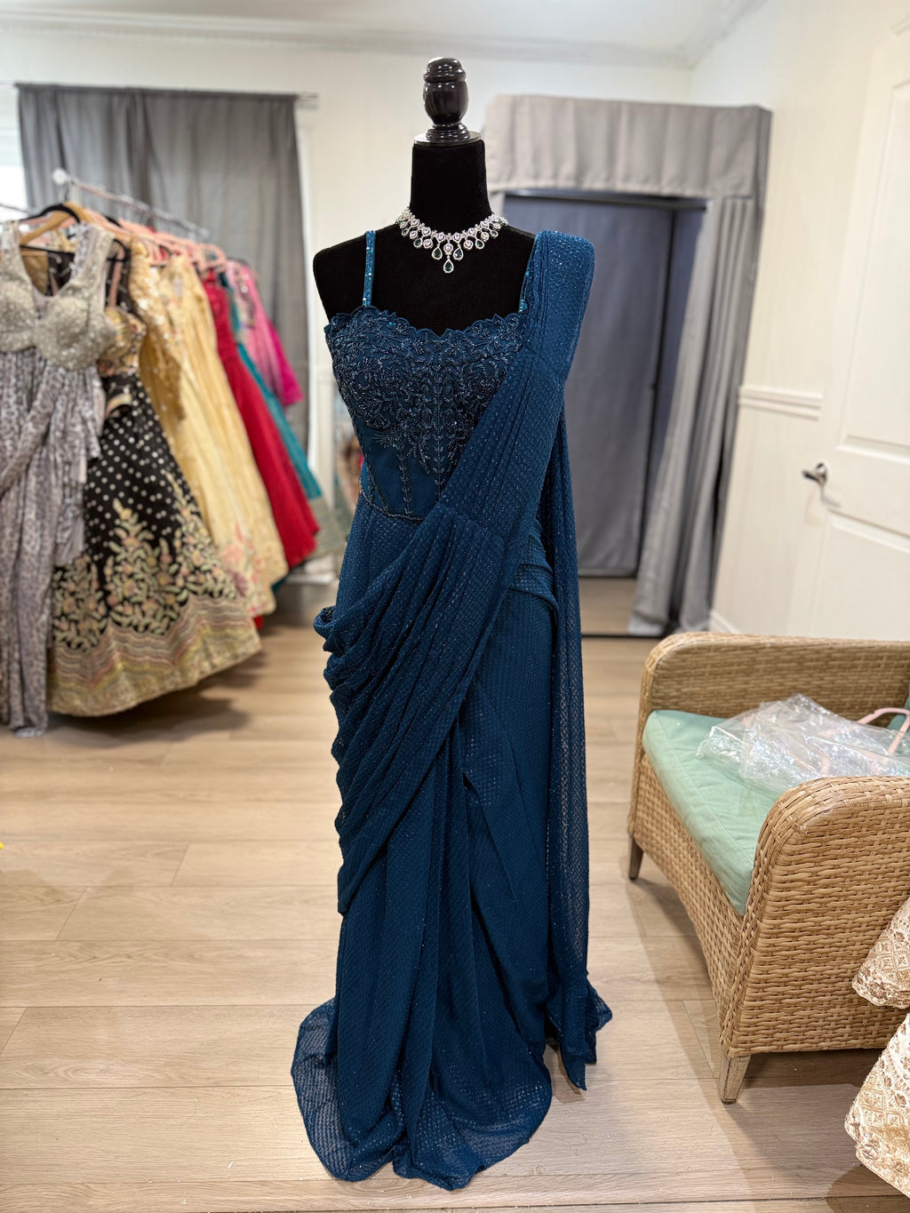 Hand work corset top with pre drape saree