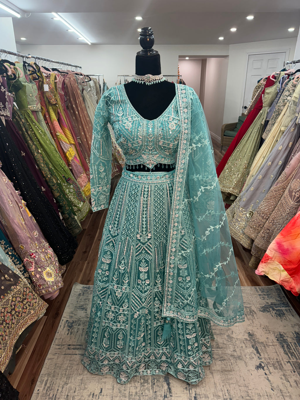 Teal mirror work lehenga
