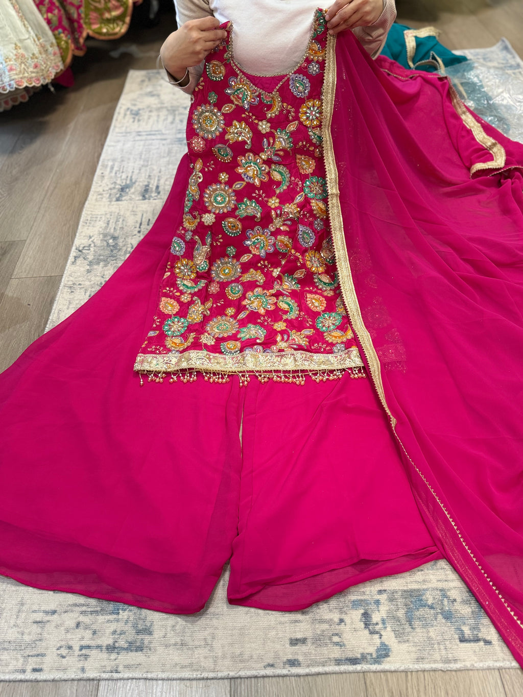 Hot pink Embroidered palazoo suit – Kanada Kulture