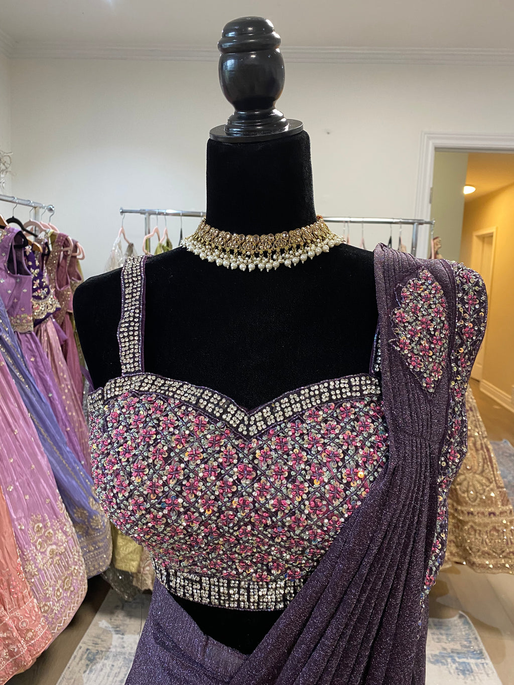 Hand work top with pre drape saree