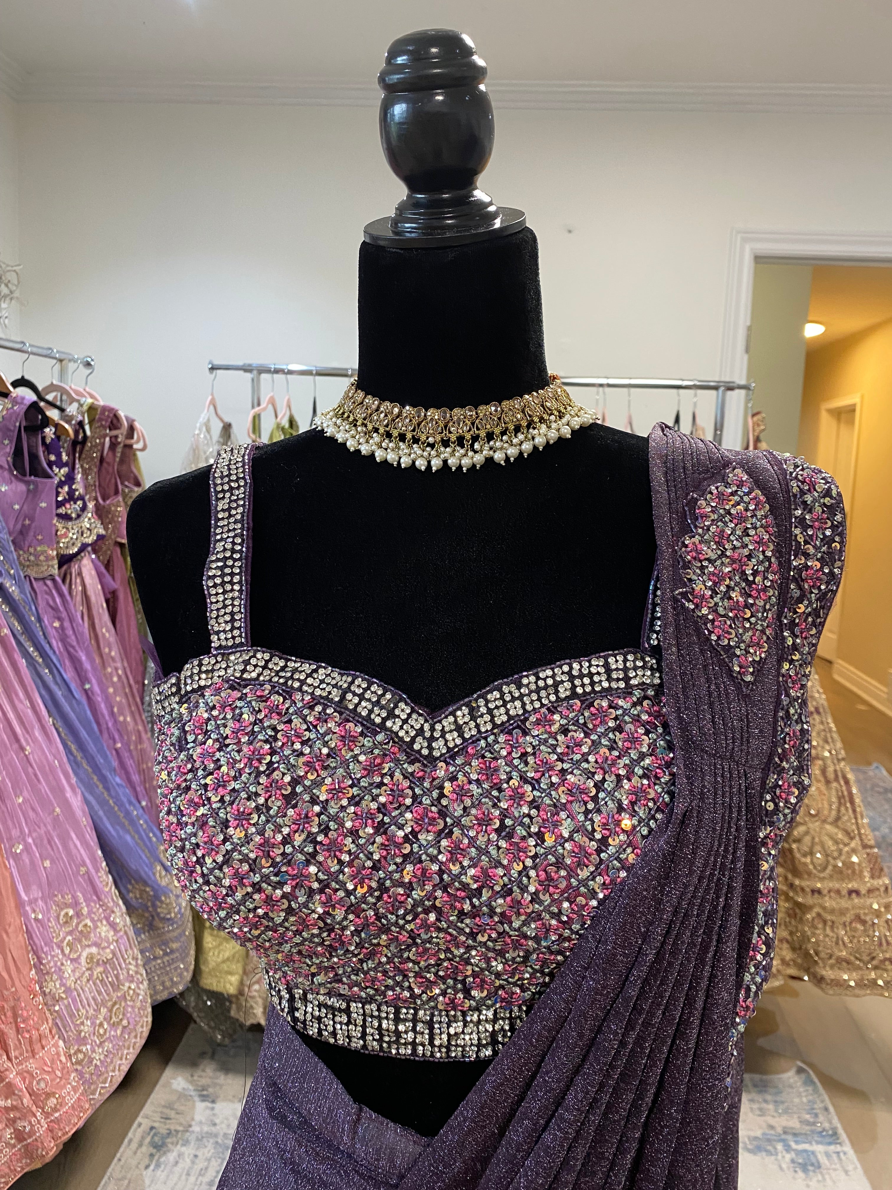 Hand work top with pre drape saree