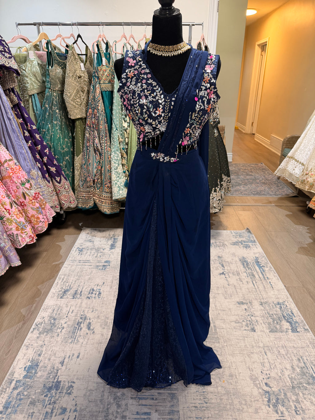 Hand work top with pre drape saree