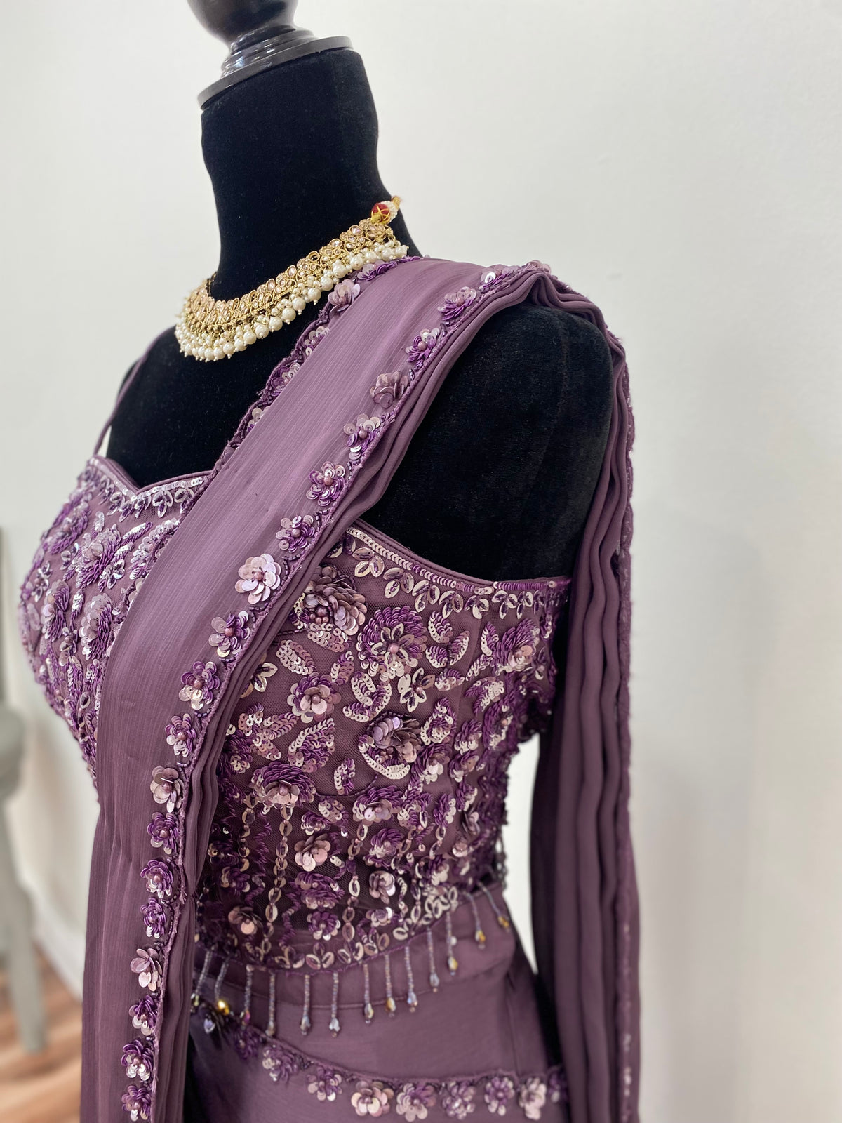 Spaghetti top with pre drape saree