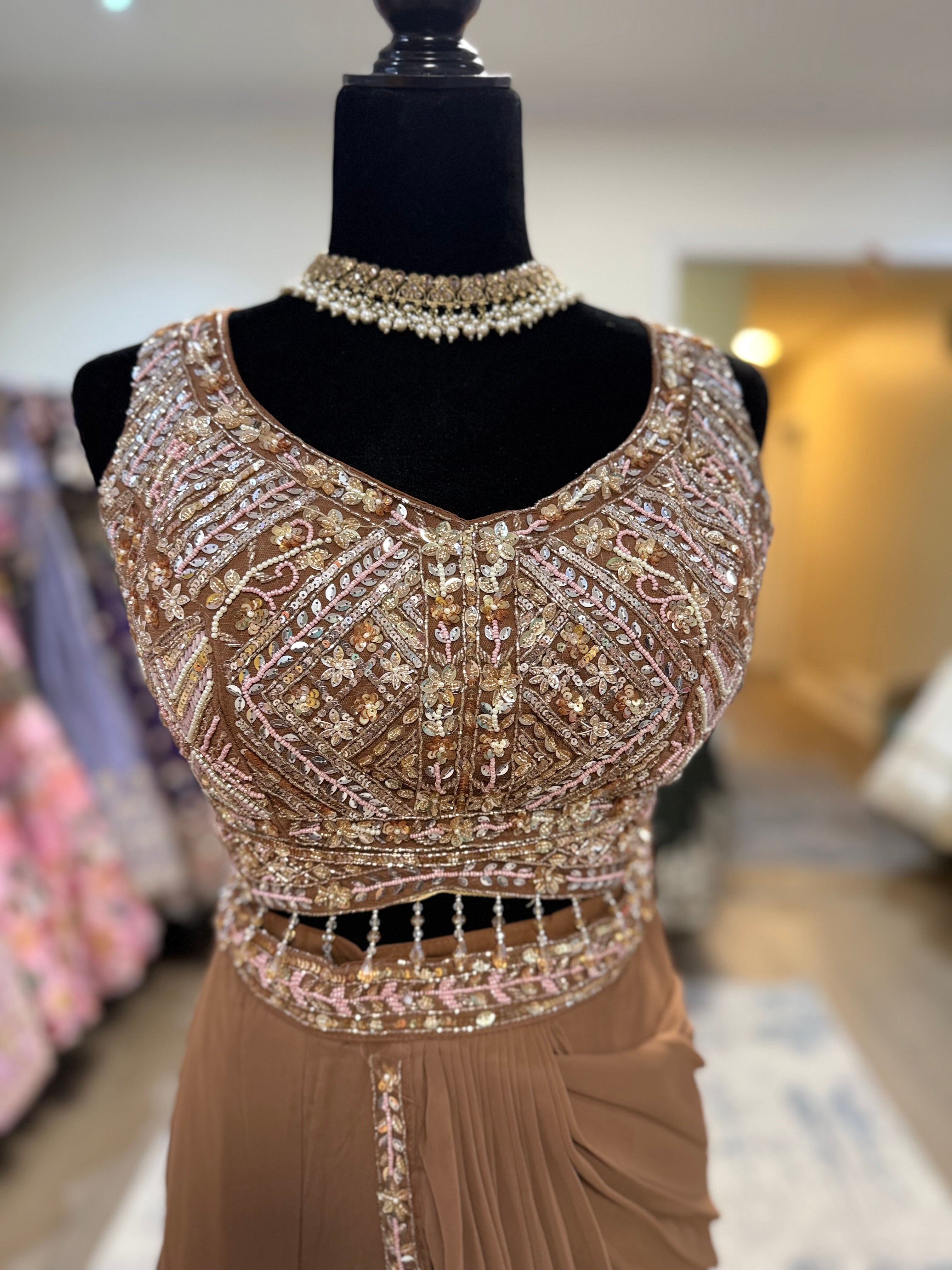 Hand work top with pre drape saree