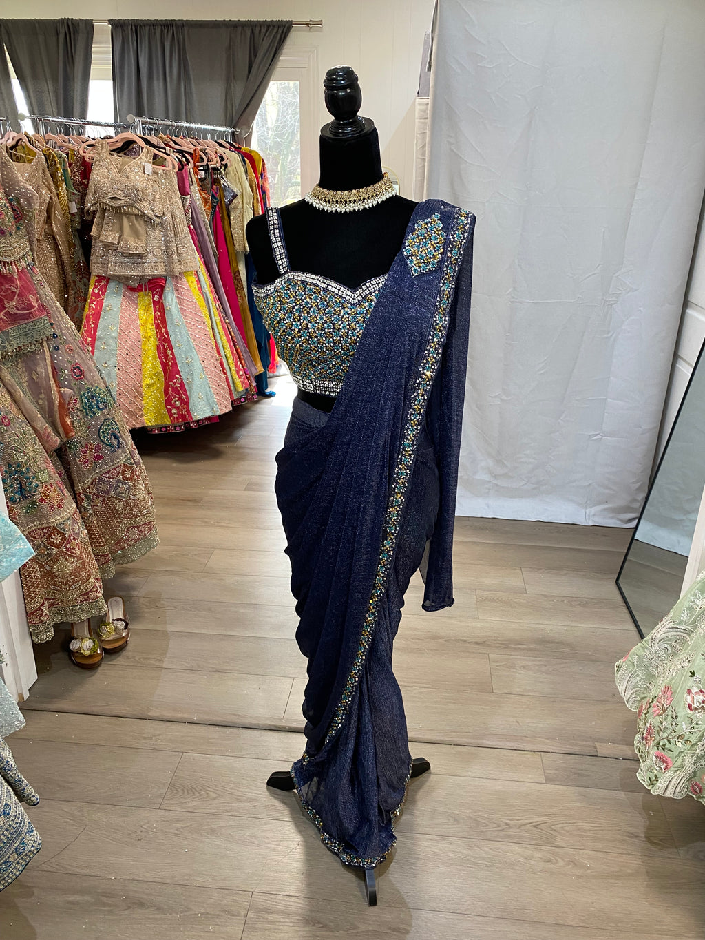 Hand work top with pre drape saree