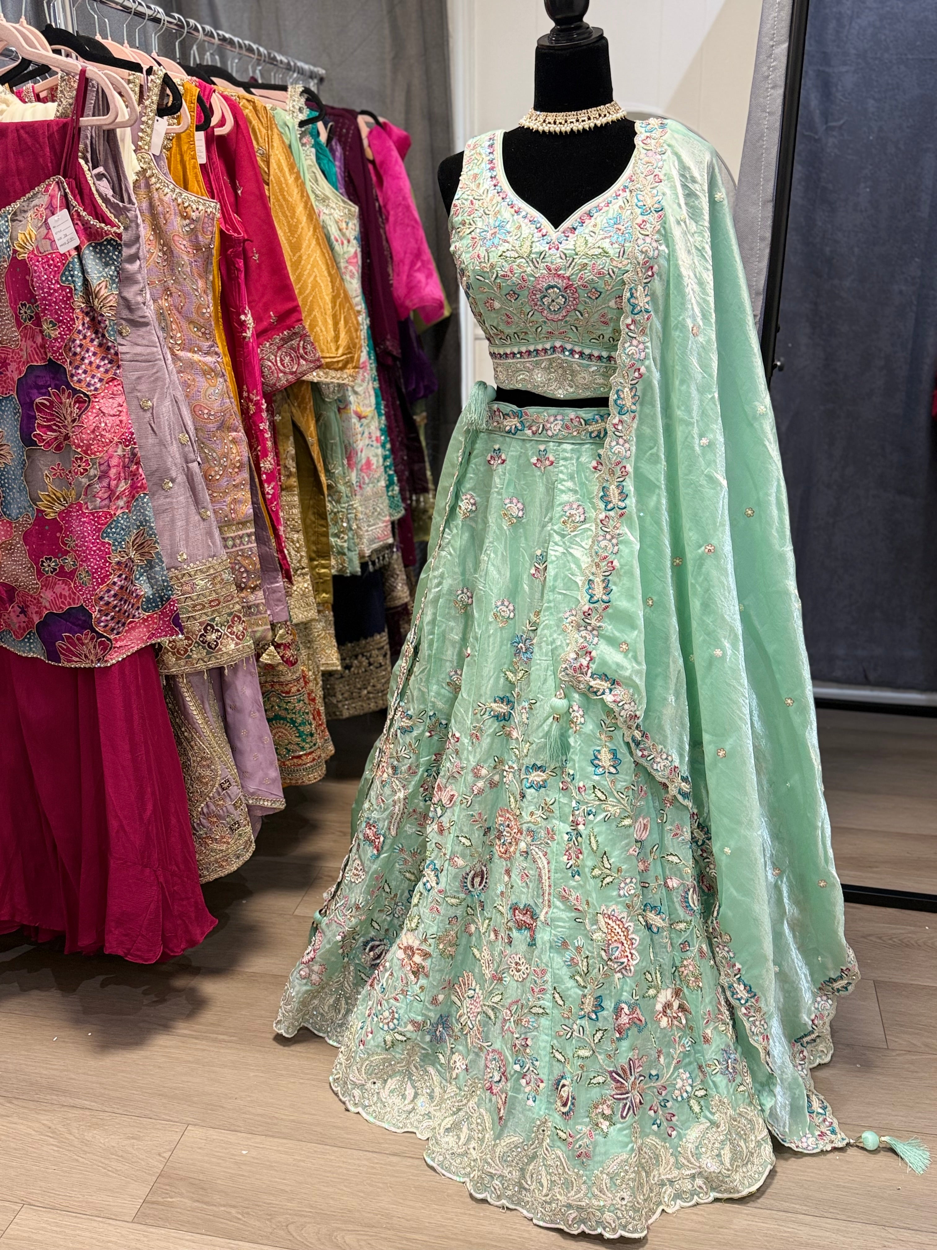 Teal mirror work lehenga