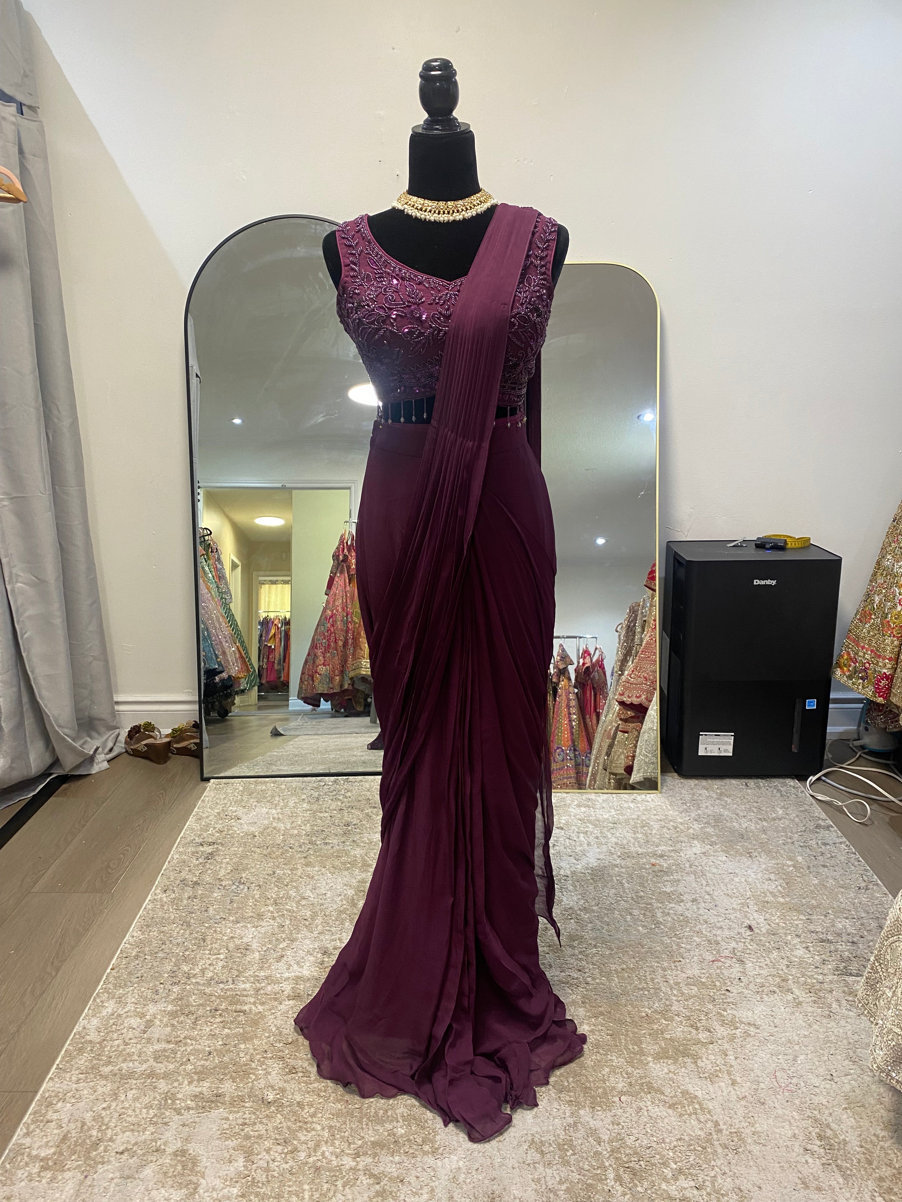 Dark plum Pre drape saree