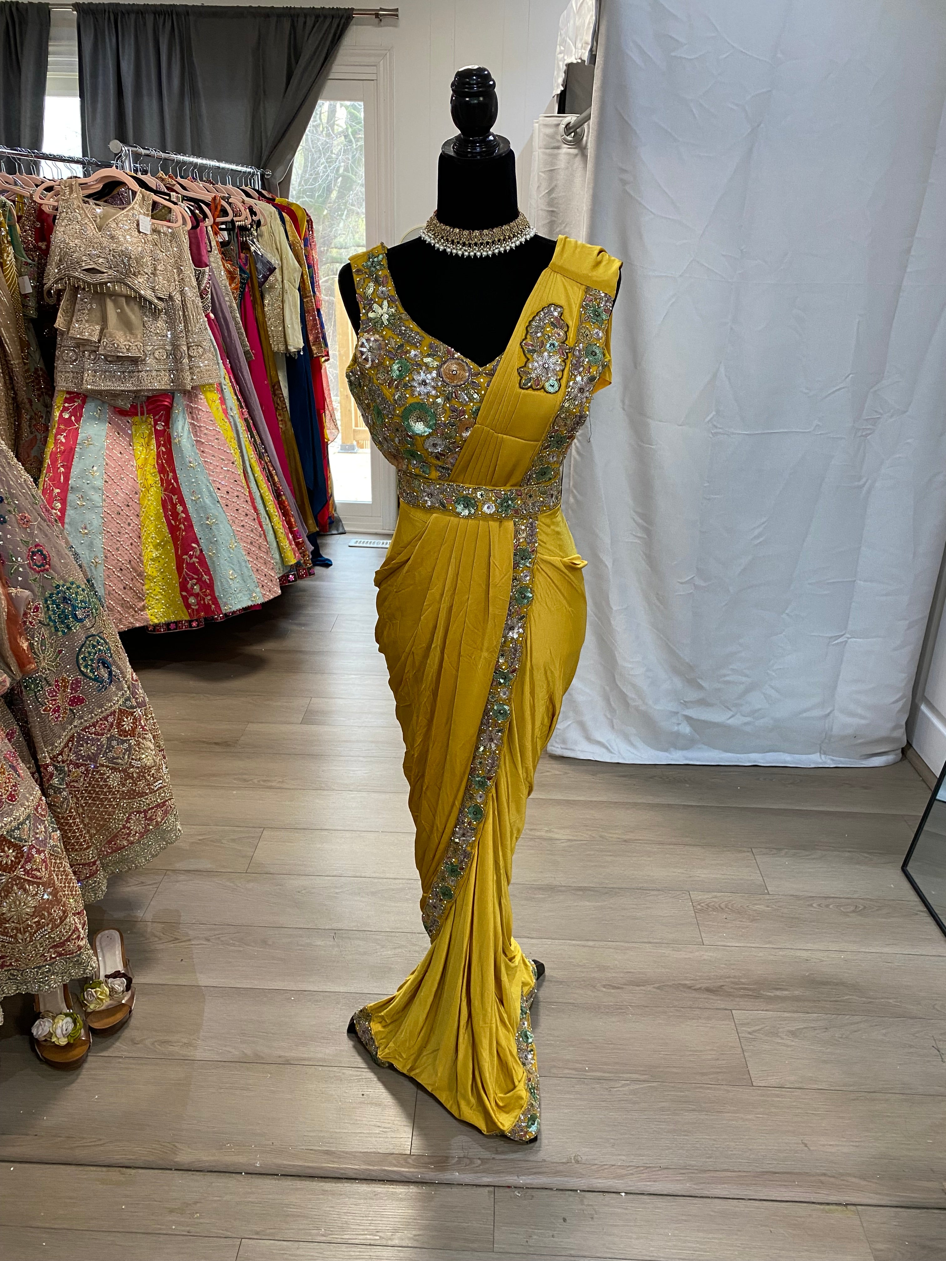Hand work top with pre drape saree