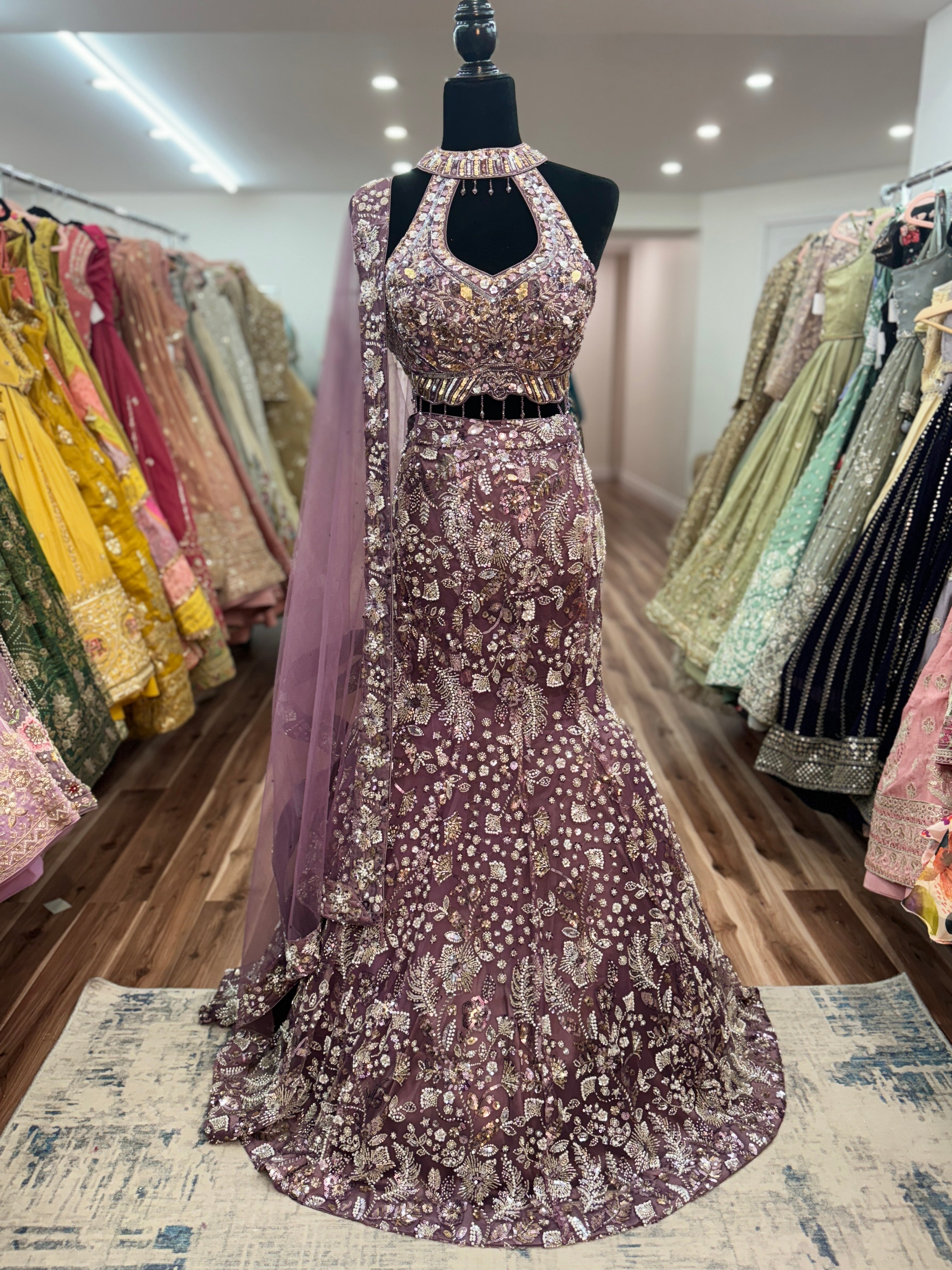 Fish cut heavy bead work lehenga