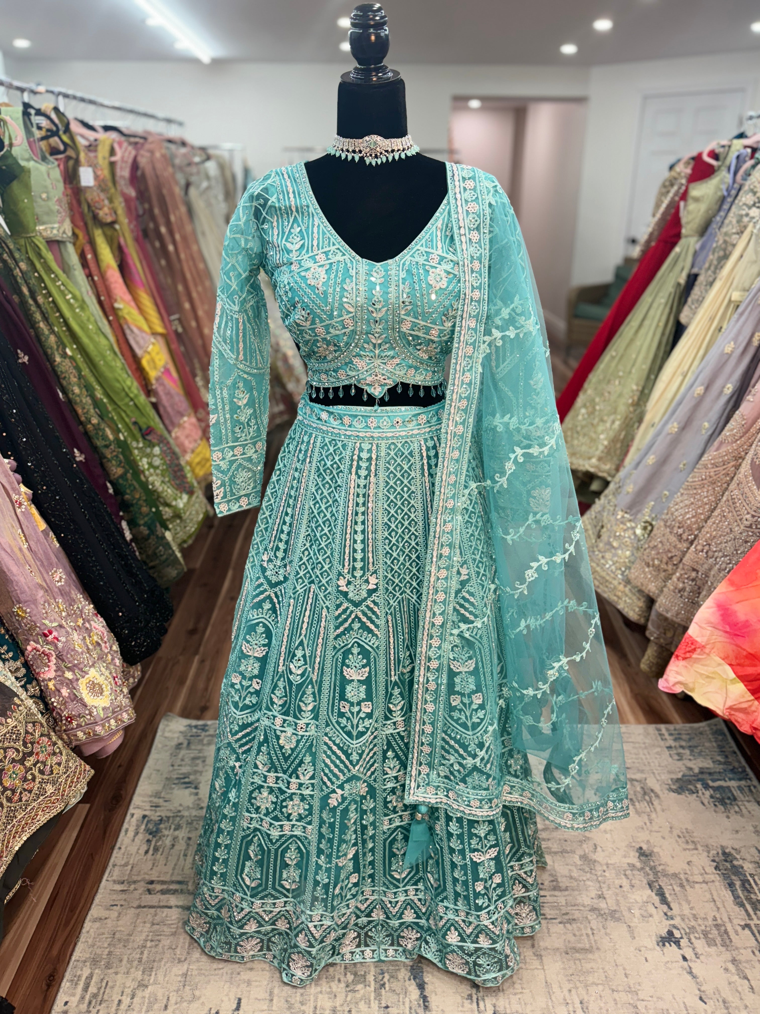 Teal mirror work lehenga