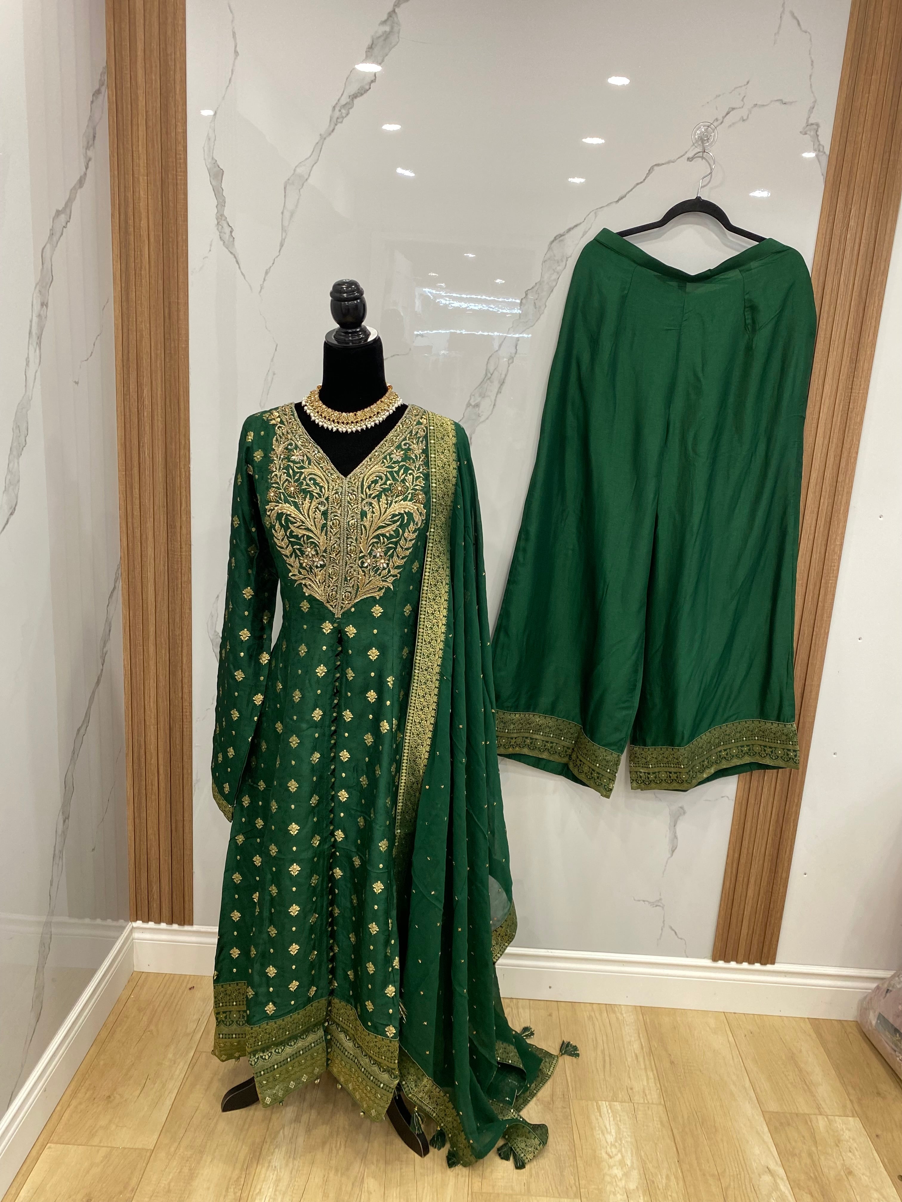 Designer front slit embroidered silk suit