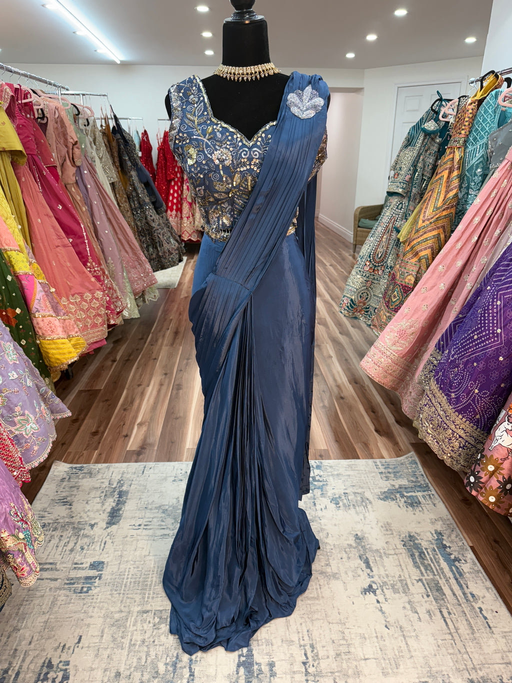 Hand work top with pre drape saree