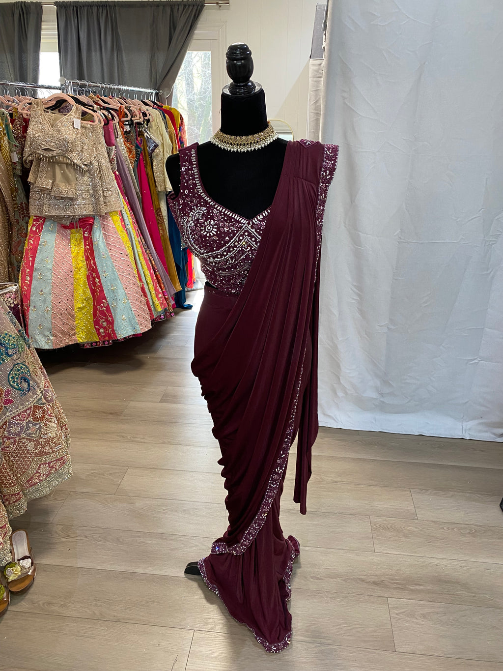 Hand work top with pre drape saree